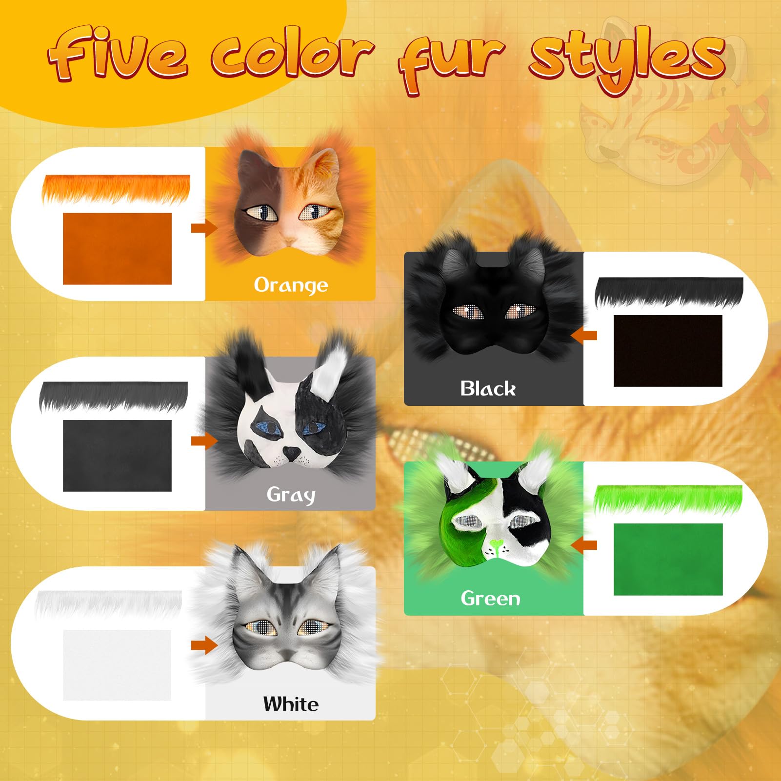 Maschera Therian, Kit Maschera Gatto Therian da 23 Pezzi, Maschera Pelosa, Maschera Gatto, Foglio di Tessuto in Feltro Autoadesivo 5 Colori con 4 Pezzi Retine per Occhi per Halloween Mascherata