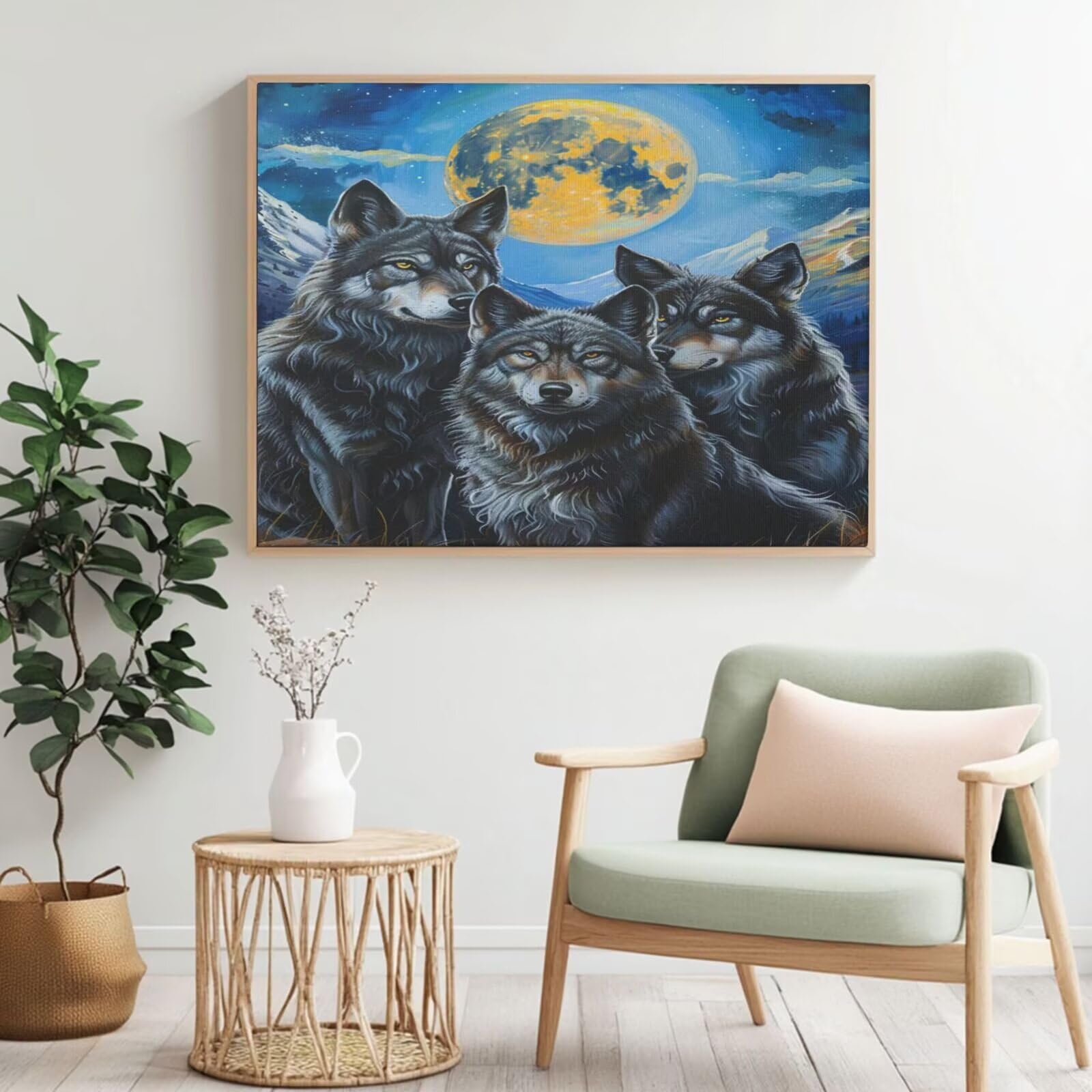 Kit per pittura con numeri per adulti, lupo, luna con numeri per principianti, pittura acrilica con 6 pennelli, kit per decorazione da parete (100 x 75 cm, senza cornice) MK70