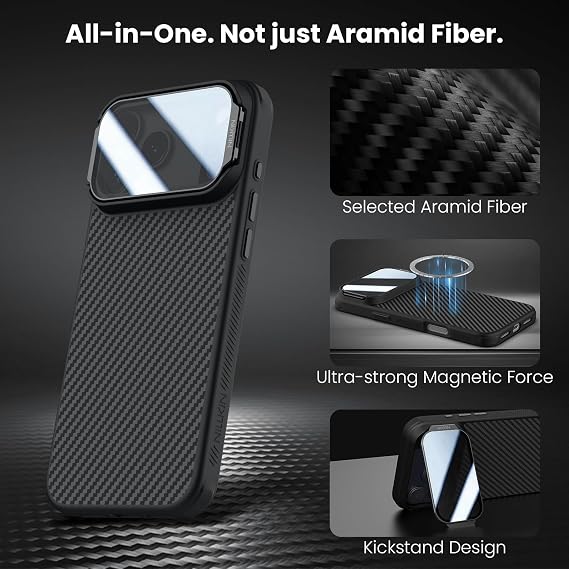 Nillkin for iPhone 17 Pro Max Case with Camera Cover, 1500D Aramid Fiber Woven, Compatible with MagSafe, Full Camera Protection, Adjustable Kickstand, Techwoven iPhone 17 Pro Max Case with Stand 6.9''