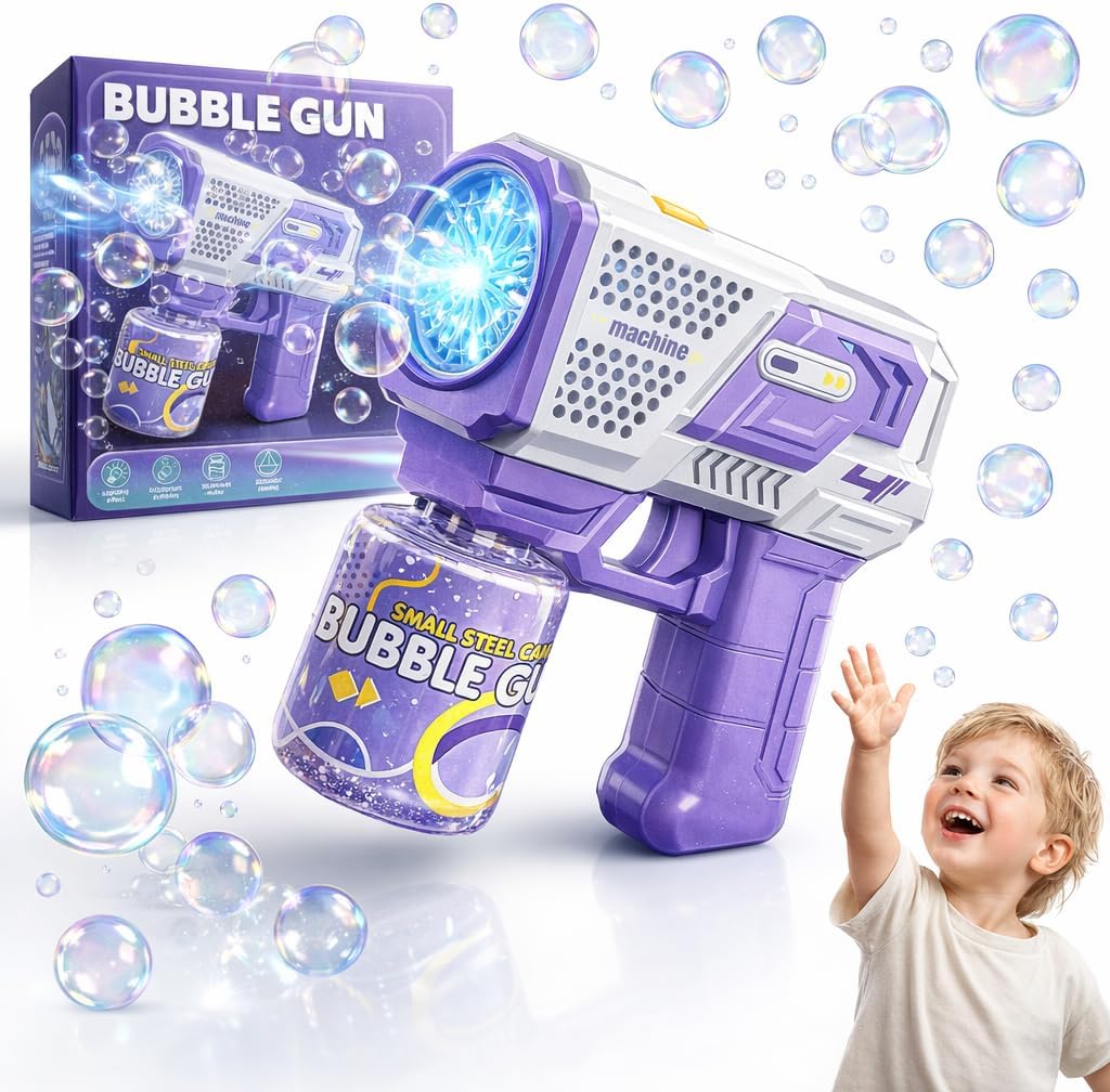 Bubble Gun for Kids with LED Lights – 1000+ Bubbles Per Minute, Automatic Bubble Machine Toy with Solution, Outdoor Party Gift for Boys & Girls Ages 3+ - Purple/White