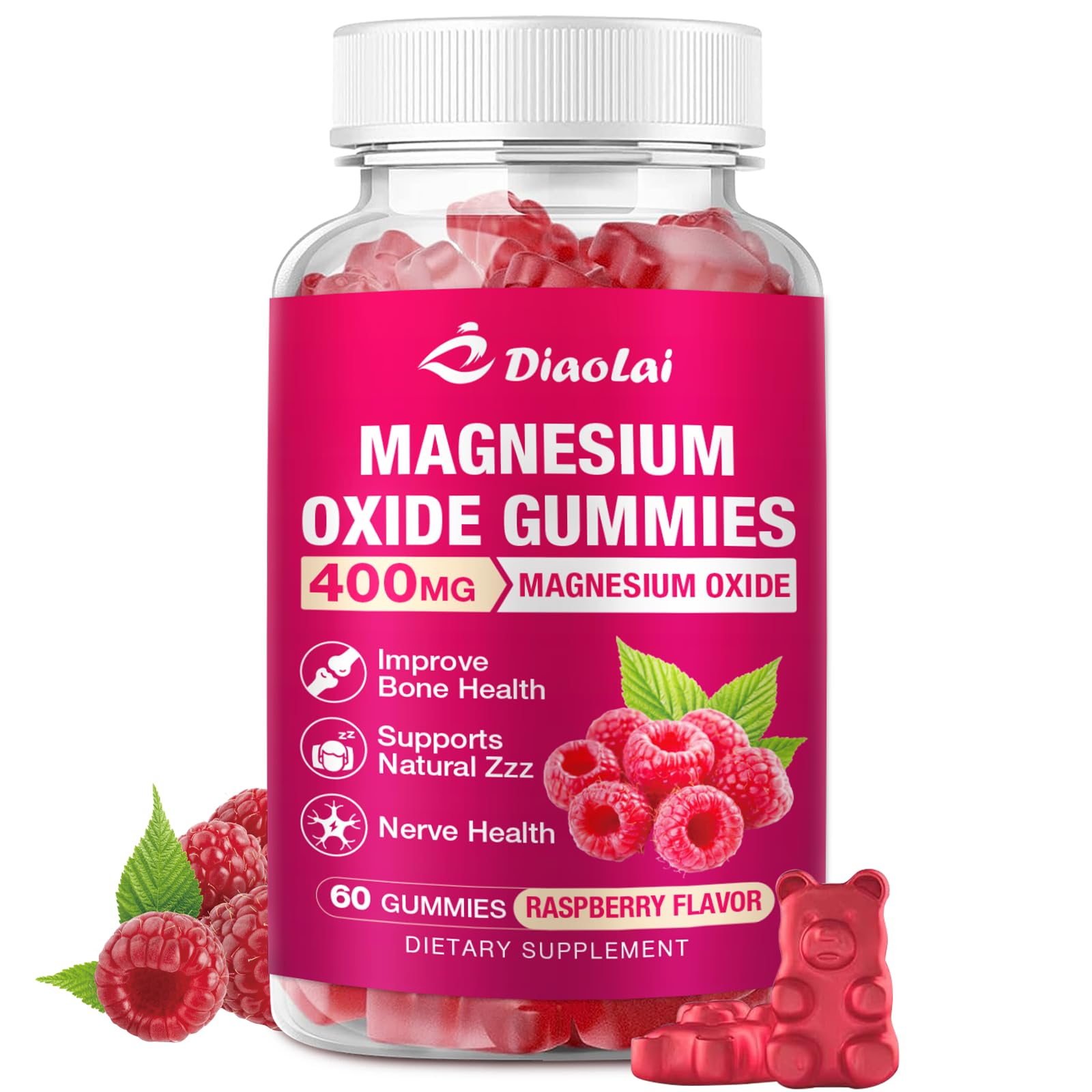 Magnesium Oxide Gummies 400mg for Nerve & Muscle Support - Chewable Supplement for Adults & Kids, Sugar-Free, Non-GMO, Raspberry Flavor, 60 Count