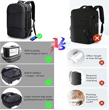Vacuum Backpack Travel Bag: Men Vacuum Backpack with Built-in Pump | Fit 17 Inch Computer Expandable Compression Rucksack Waterproof Carry on Large Cabin Size for Work Business Black