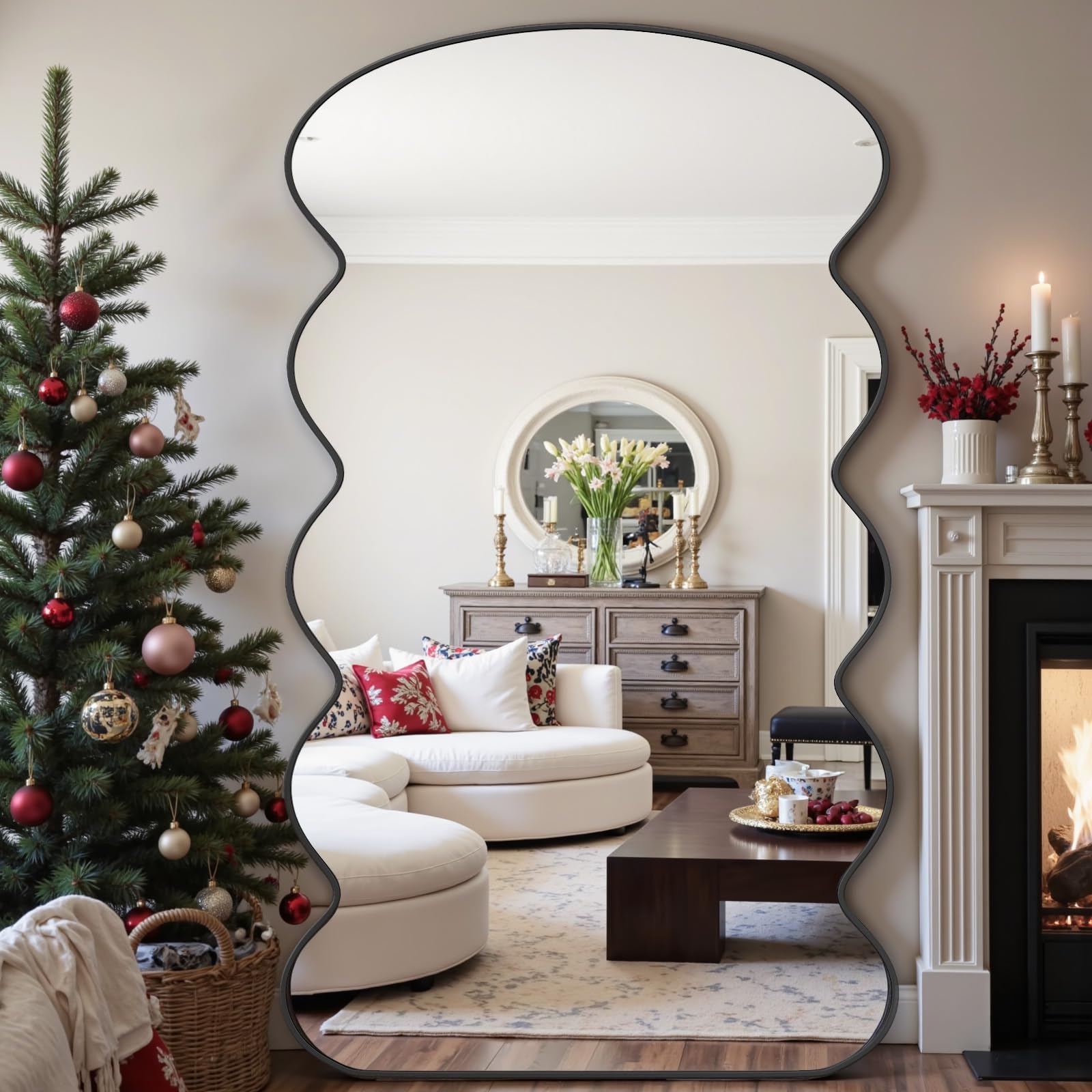 Full Length Mirror, 76"x44" Wavy Mirror Full Length, Floor Mirror with Stand for Bedroom for Living Room Cloakroom, Black