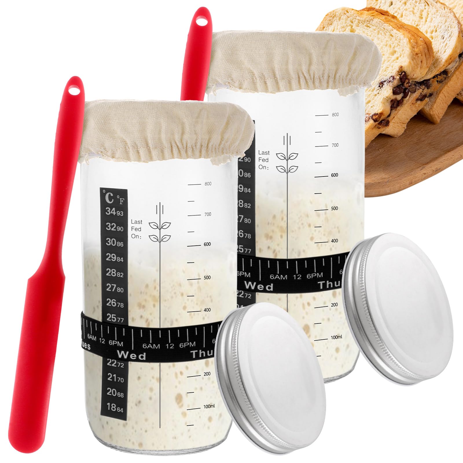 Sauerteig Starter Set 1000ml, 2er-Pack Sauerteig Glas mit Skala, Gärglas mit Spachtel und Thermometer, Brot Backen Zubehör, Sauerteig Behälter Glas