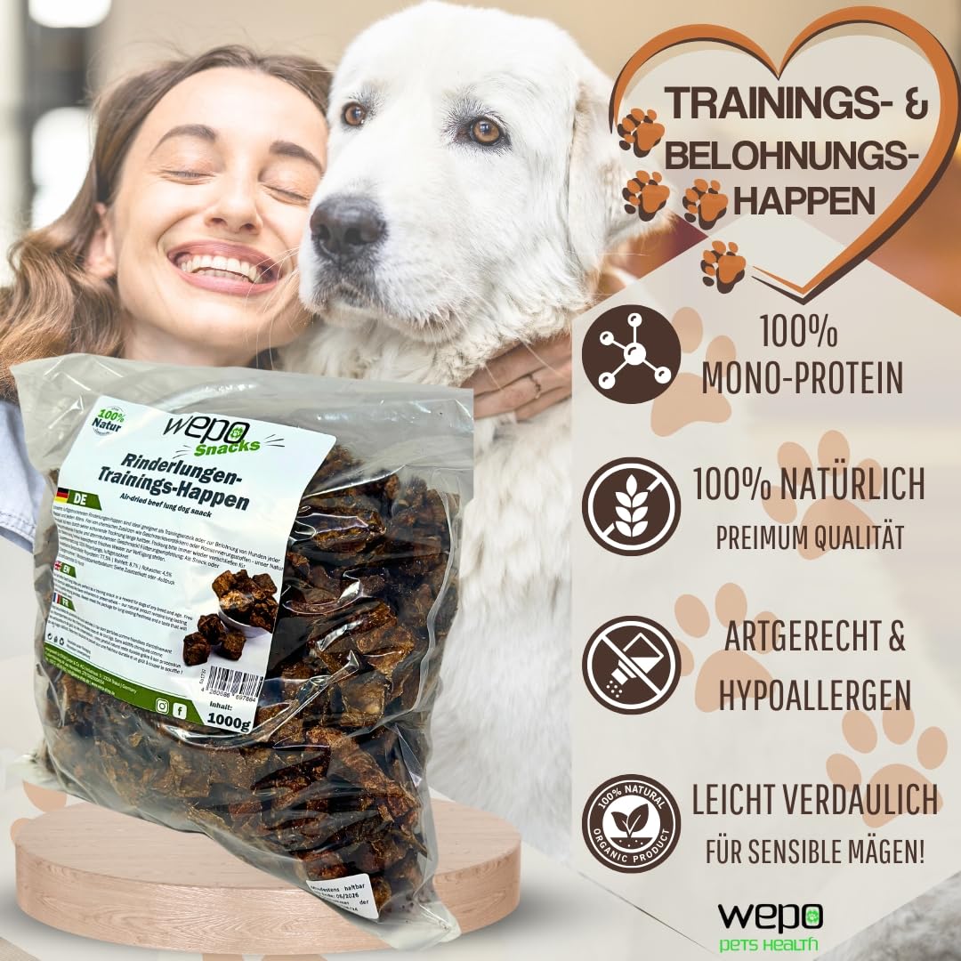 WEPO Leckerlies - 1kg Rinderlunge getrocknet - Rinderlungenwürfel für Hunde | Gesunde Trainingssnacks für Hunde - Dog Treats - Premium Kausnack - Liefert Proteine, Vitamine & Mineralien