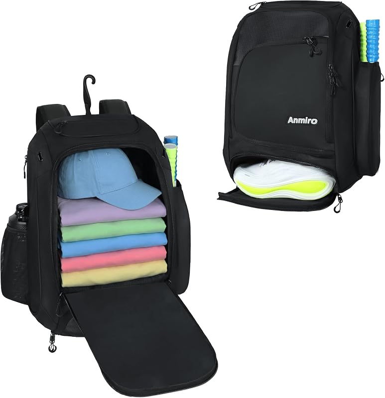 Bolsa de Pickleball de 50 litros con compartimento para zapatos y portavasos retráctil, mochila de pádel para 4-10 palas, bolsa deportiva de viaje versátil, negra