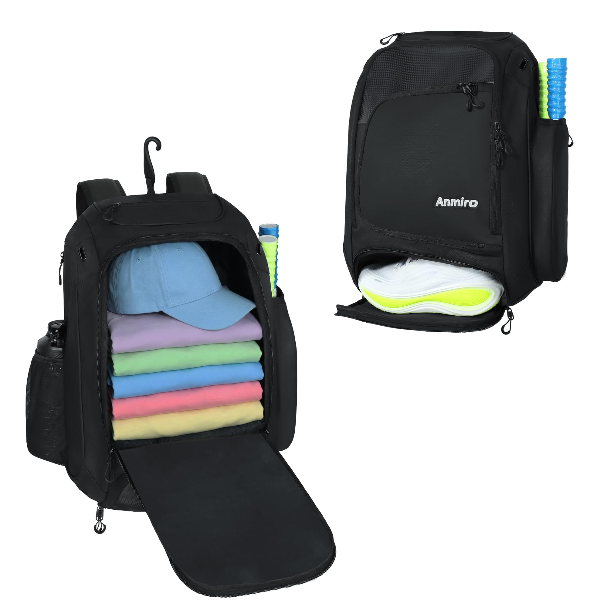 Anmiro(アンミロ) 50L ピックルボールバッグ シューズコンパートメント&格納式カップホルダー付き Padelバックパック パドル4~10個対応 万能トラベルスポーツバッグ ブラック