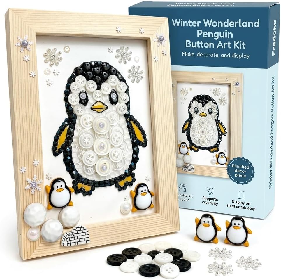 Winter Wonderland Penguin Button Art Kit, DIY Craft Frame with Snowflakes, Black and White Design, Wooden Frame, Holiday Decor image 5
