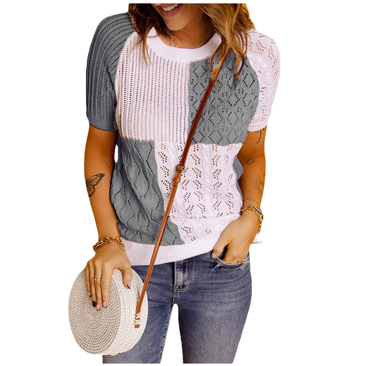 Bartira European and American Color Matching Knitted Short Temperament Sleeve T-Shirt Top Shirt Women
