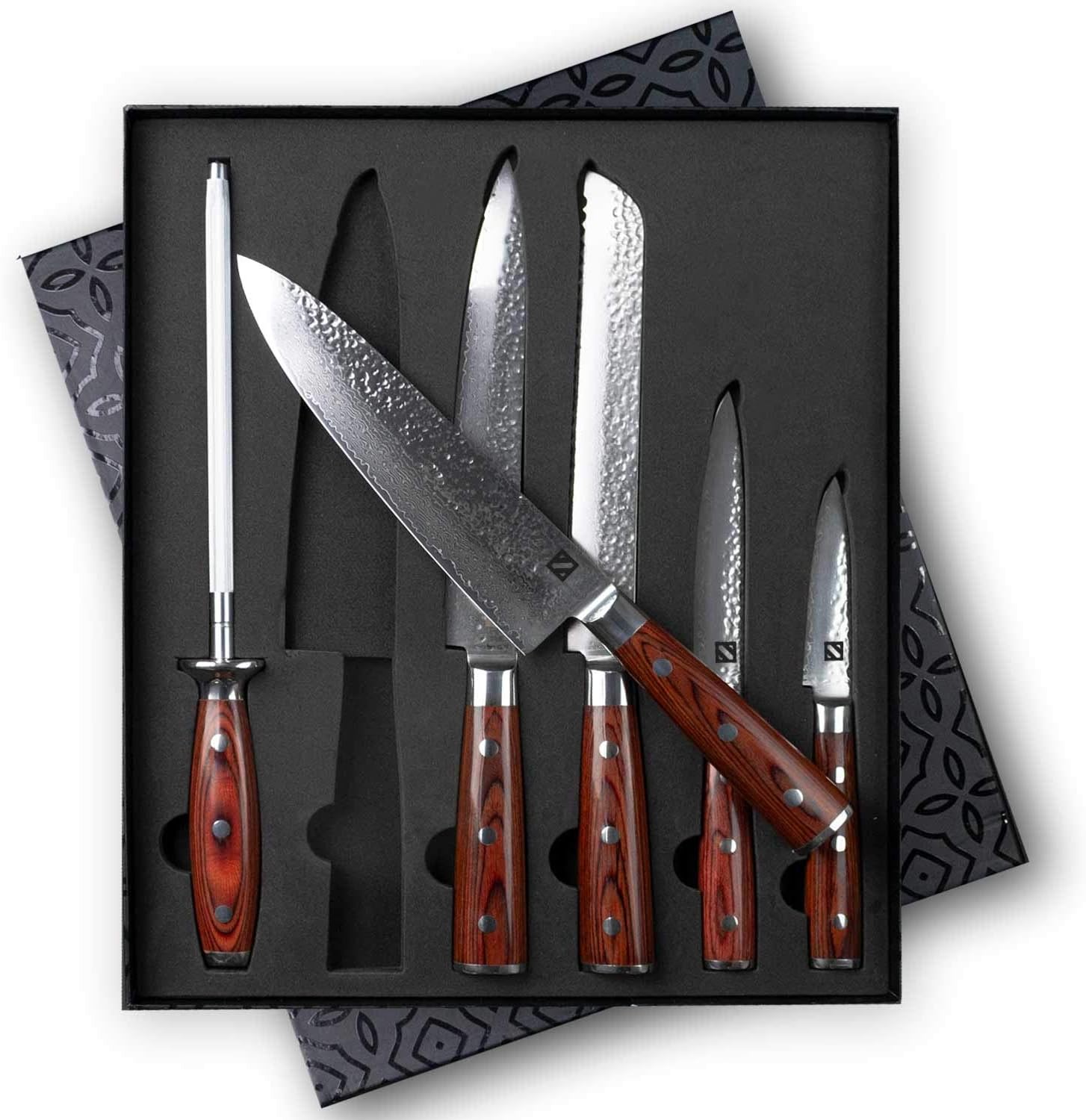 Zelancio Premium 6-Piece Hammered Japanese Steel Knife Set with High Carbon Core and 16-Layer Damascus Steel Blades, Razor Sharp Professional Chef Quality with Teak Handles, Damascus Steel, Brown
