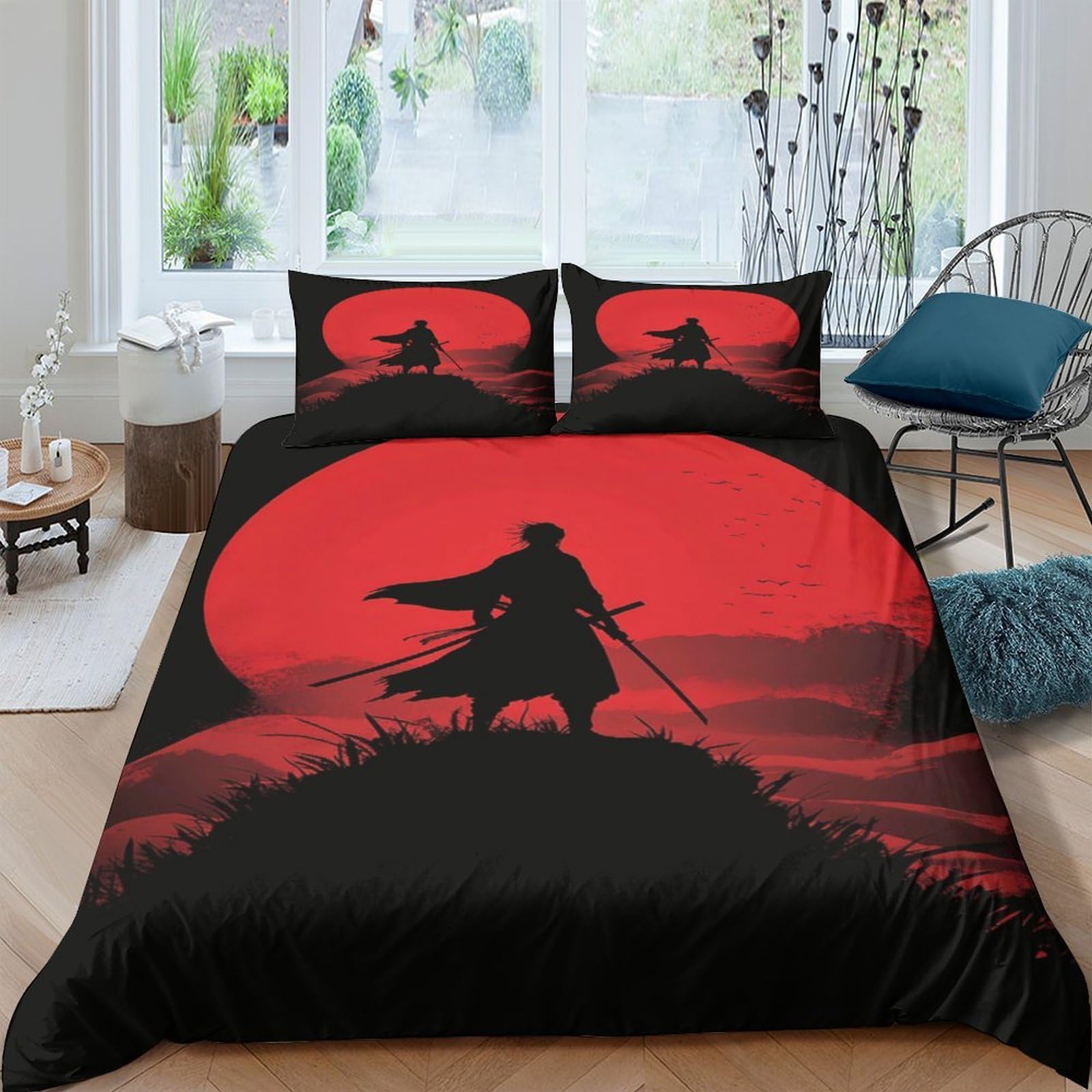 Ctjqhvkz Style-1 3D Printed Samurai Sunset Fitted Sheet Microfiber Soft Black Red Warrior Bed Cover For Bedroom Dorm Mattress Decor Single（135X200cm）
