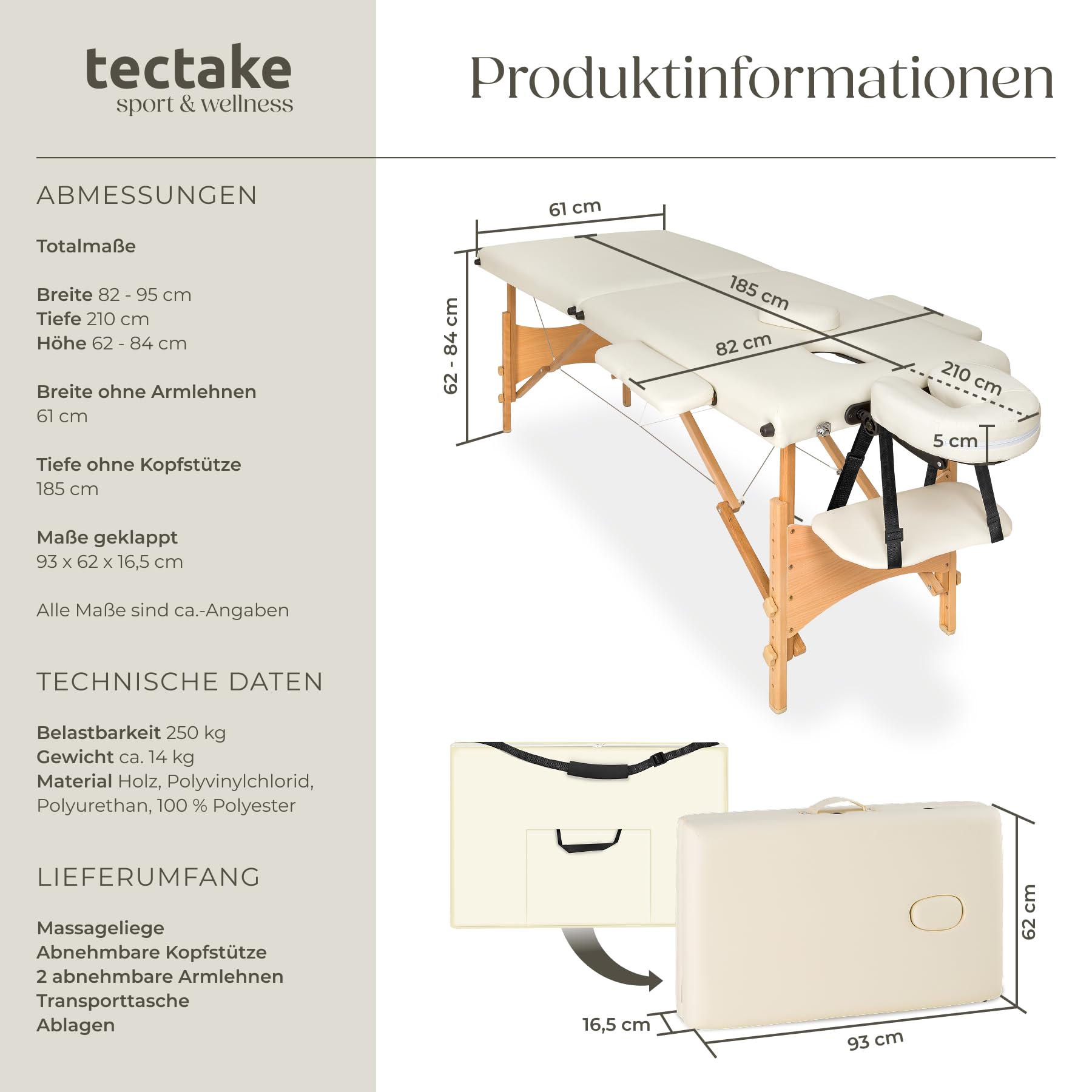 tectake® Massageliege klappbar mit 2 Zonen, Massagetisch tragbar mit 5cm Polsterung, höhenverstellbare, Mobile Massageliege, Massagebank mit Holzfüßen und Zubehör Tragetasche - beige