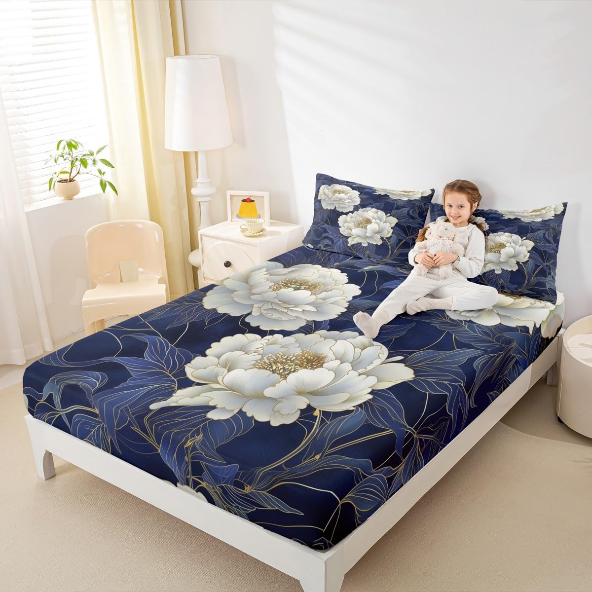 jejeloiu Navy Blue White Flower Sheet Set Queen Size Elegnat Floral Bed Sheets for Adult Romantic Bed Set Flower Plants Sheets 4Pcs,1 Fitted Sheet+2 Pillow Sham+1 Flat Sheet