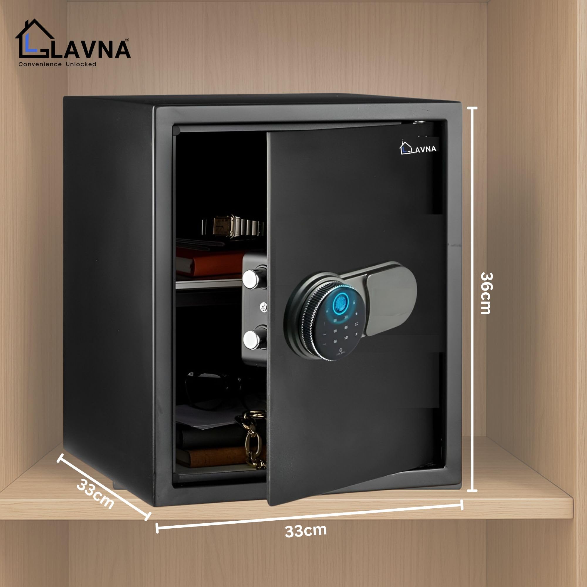 LAVNA Smart Safe Locker | 5 way access | Fingerprint, Mobile app, PIN, OTP & Key Access | 304 Grade SS bolts suitable for Jewellery, Cash, Document & other valuable of Home Office Tijori (Gross 39L) — Amazon image 2
