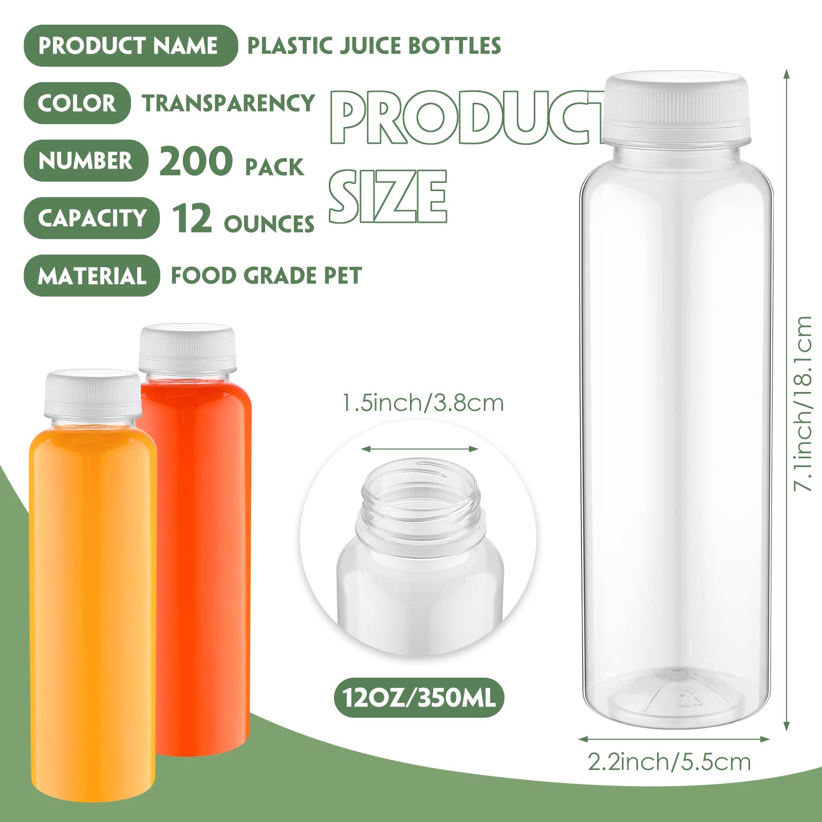 Tanlade Paquete de 200 botellas de plástico para jugo con tapas, recipientes transparentes reutilizables con tapas, botellas vacías de PET para bebidas a granel para jugos, batidos, bebidas,