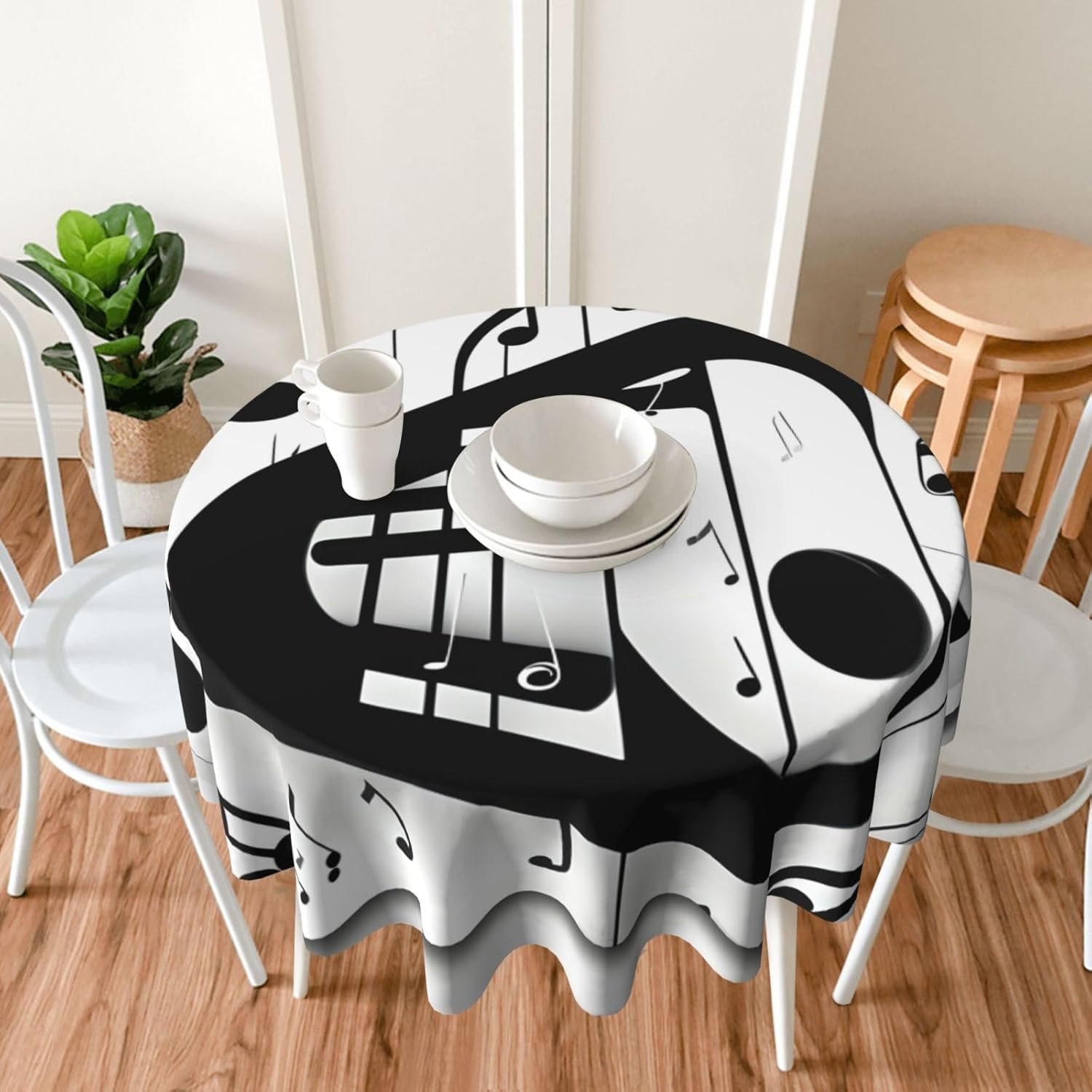 Black and White Music Note Print Wrinkle Free Dining Table Cover for Birthday Party Farmhouse Tablecloths Up to 60 x 60 Inches