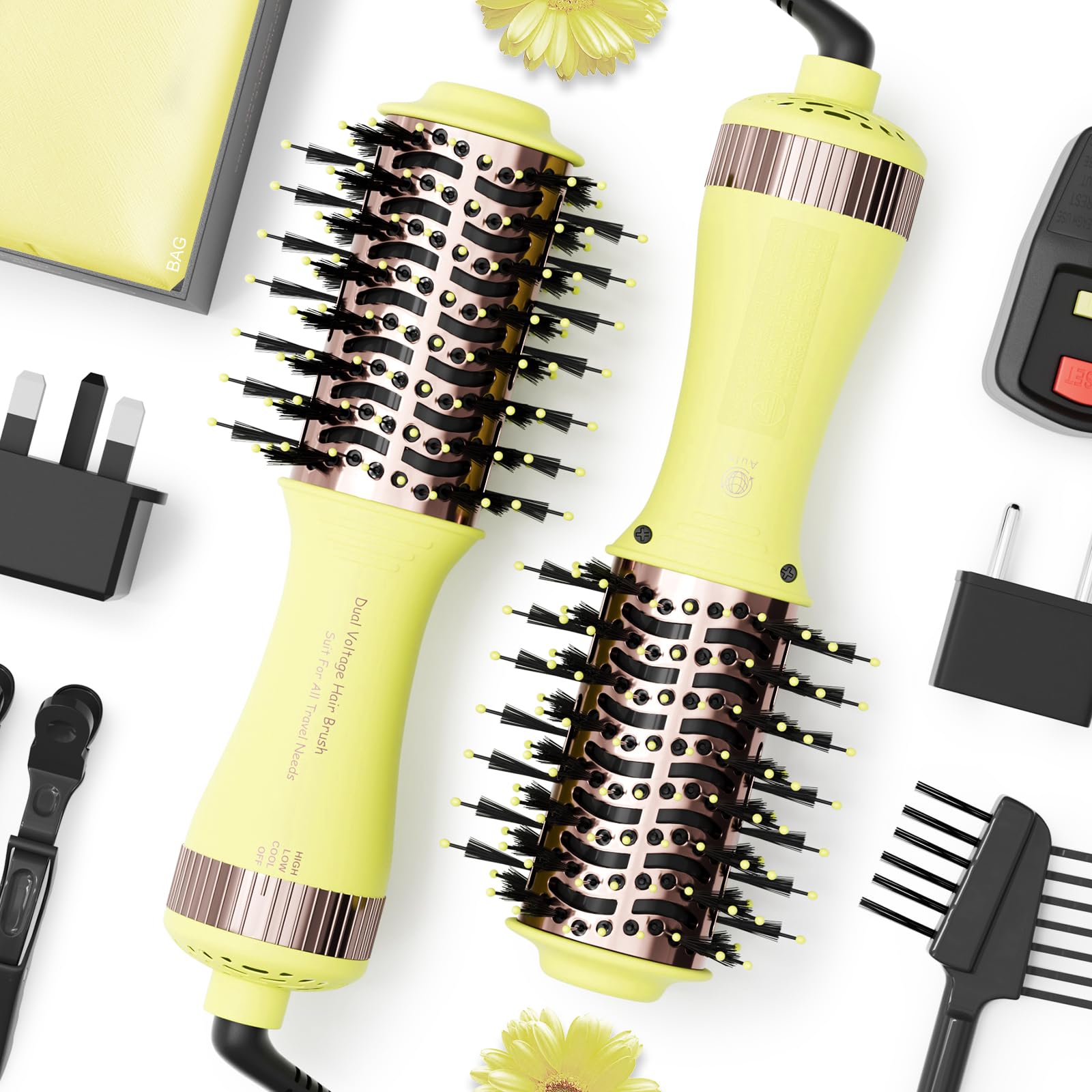 Travel Brush Blow Dryer, Dual Voltage Hair Dryer Brush - Cepillo Secador De Cabello 2” Oval Size Hair Curler/Straightener Portable Mini Hair Styling Tools(‌Auto Dual Voltage &amp; No Converter Needed)