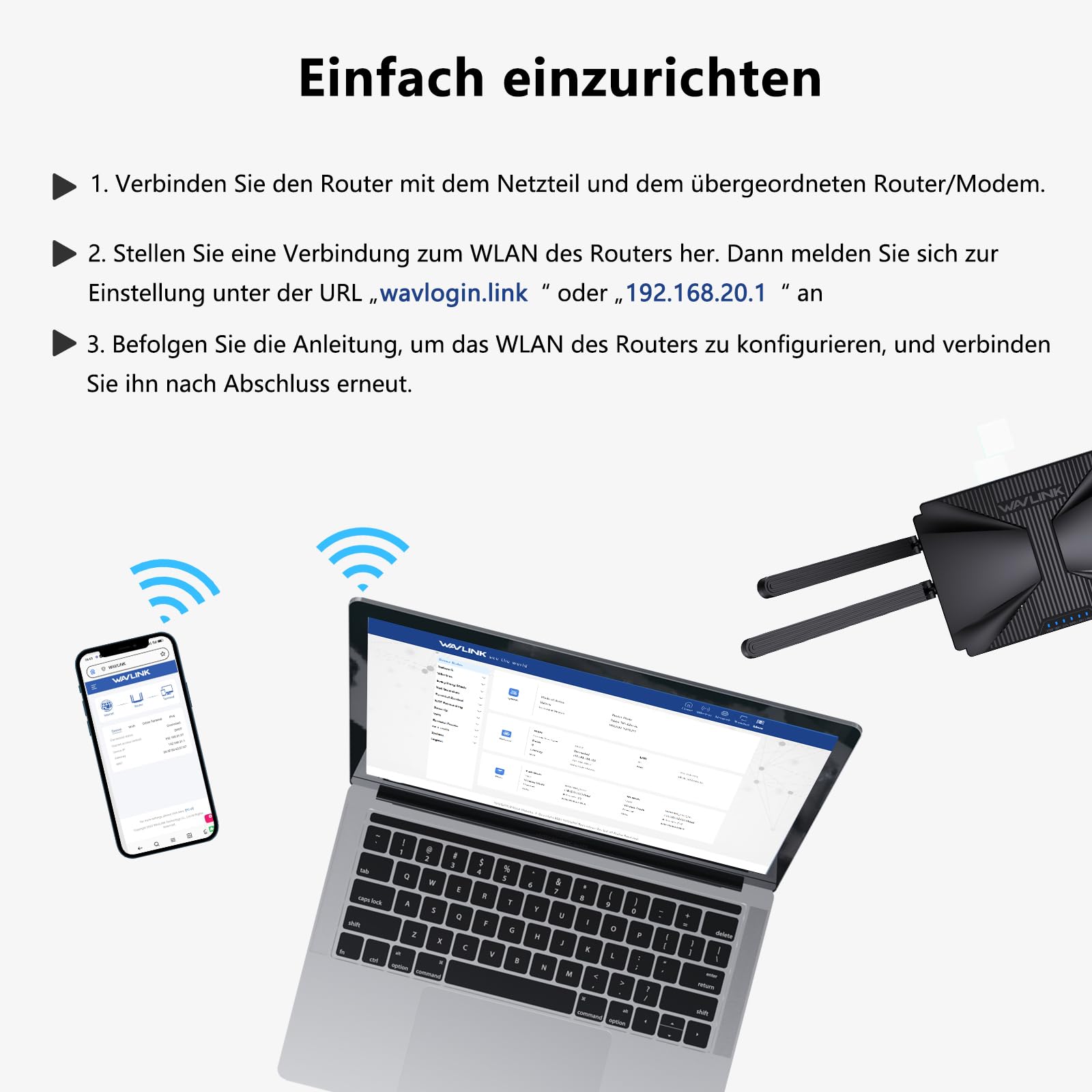 WAVLINK WiFi 6 AX3000 Dual Band Mesh Router | 3000 Mbit/s (2402 Mbit/s 5 GHz + 574 Mbit/s 2,4 GHz) | Für Gaming, 4K Streaming & Homeoffice | MU-MIMO, Beamforming, OFDMA | 160 MHz, WPA3, IPv6