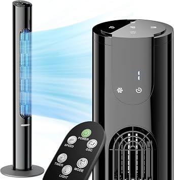 Magshion 45" Bladeless Tower Fan, Quiet 20dB Cooling Fan with LED Night Light, Remote & Touch Screen, 8 Speeds & 4 Modes, 49ft/s Airflow, 70 Oscillating Standing Fan for Bedroom Living RoomBlack