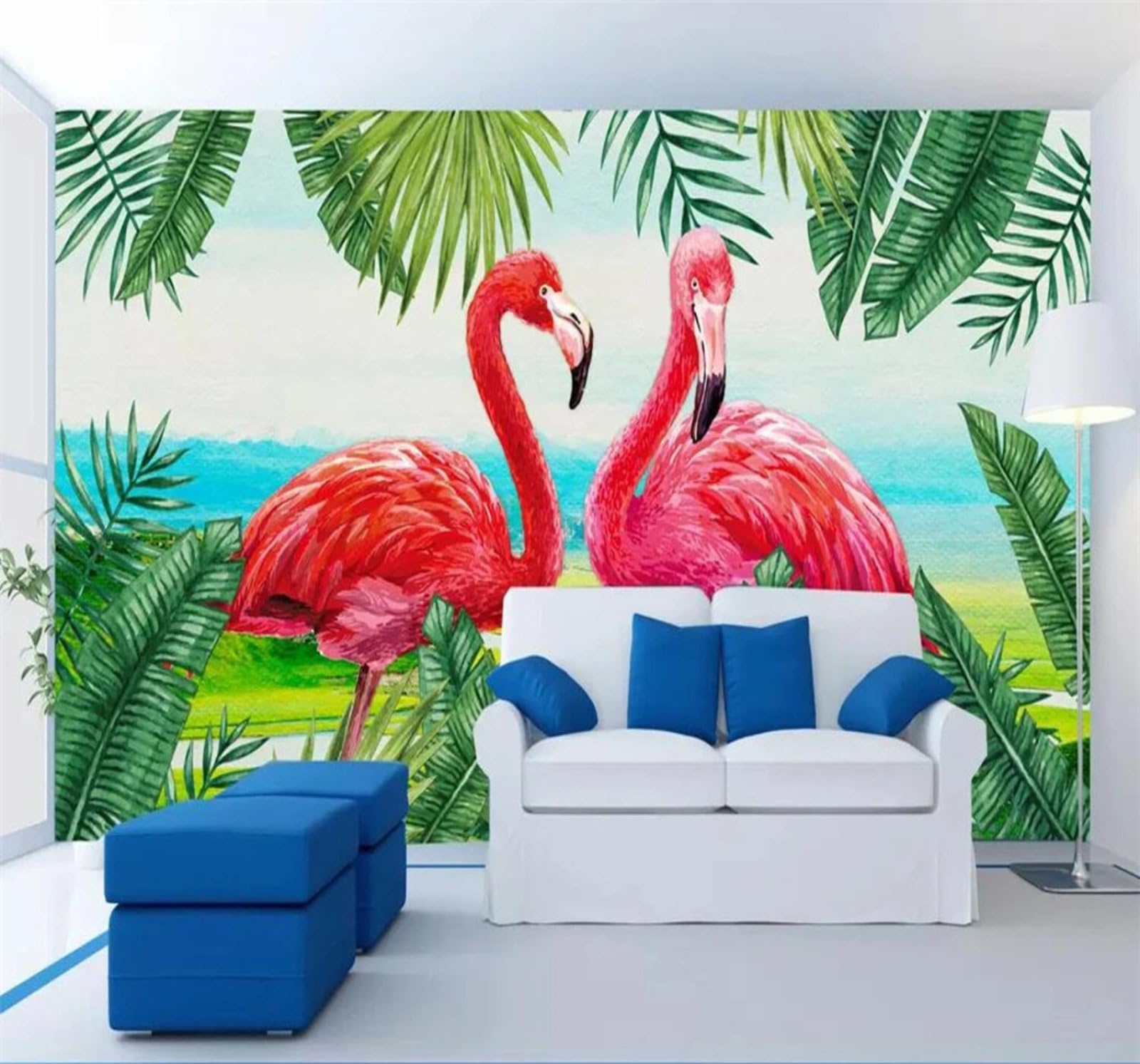 Fresh Hand Drawn Plants Green Leaves Flamingos 3D Wallpaper Easy Install Feature Office Living Room Sofa Bedroom TV Background Wall Decoration-350cm×256cm