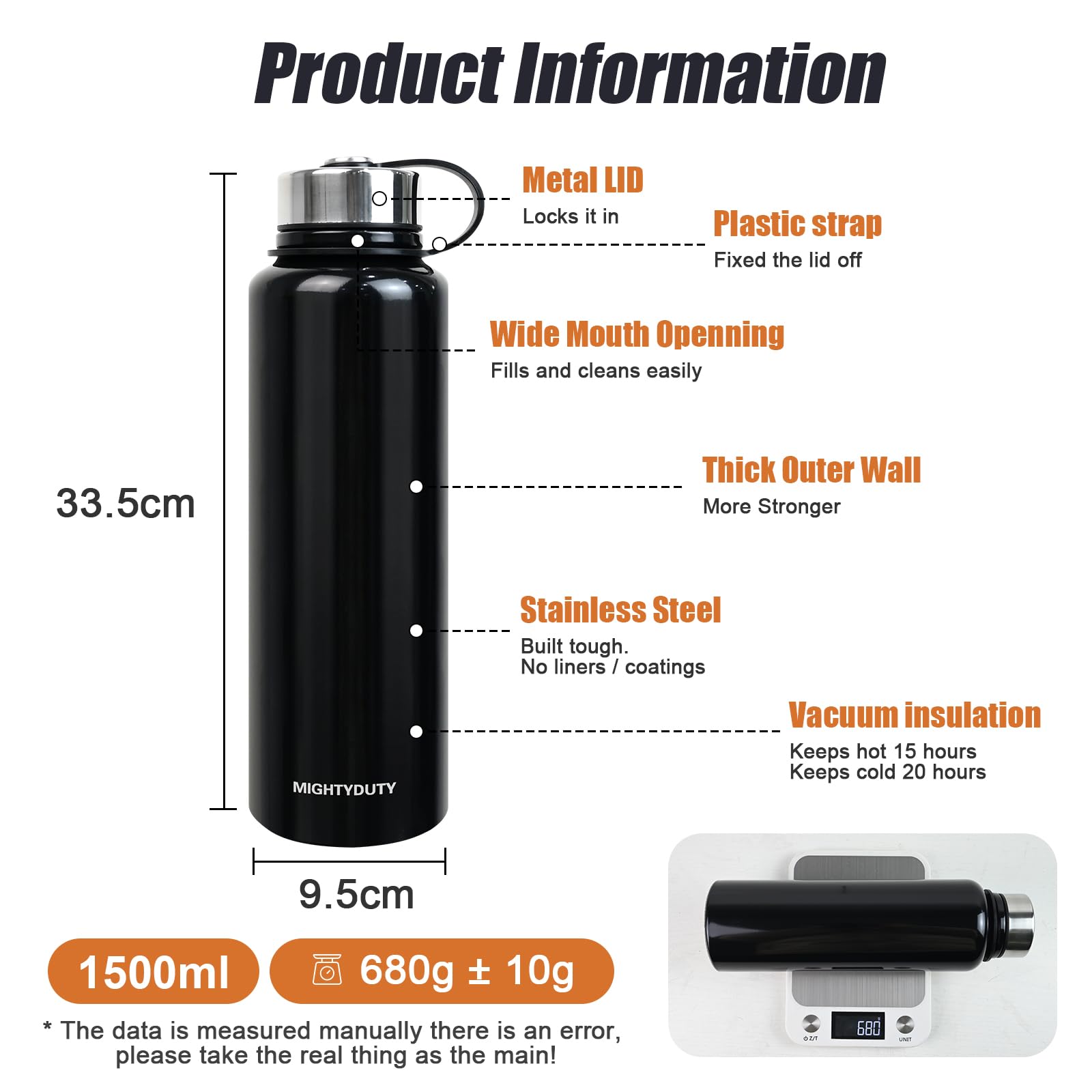 Thermos da 1,5 l, in acciaio inox, per 6-24 ore, caldo e rinfrescante, grande capacità, a prova di perdite, per caffè e tè, per attività all'aperto, sport, scuola, ufficio (nero)