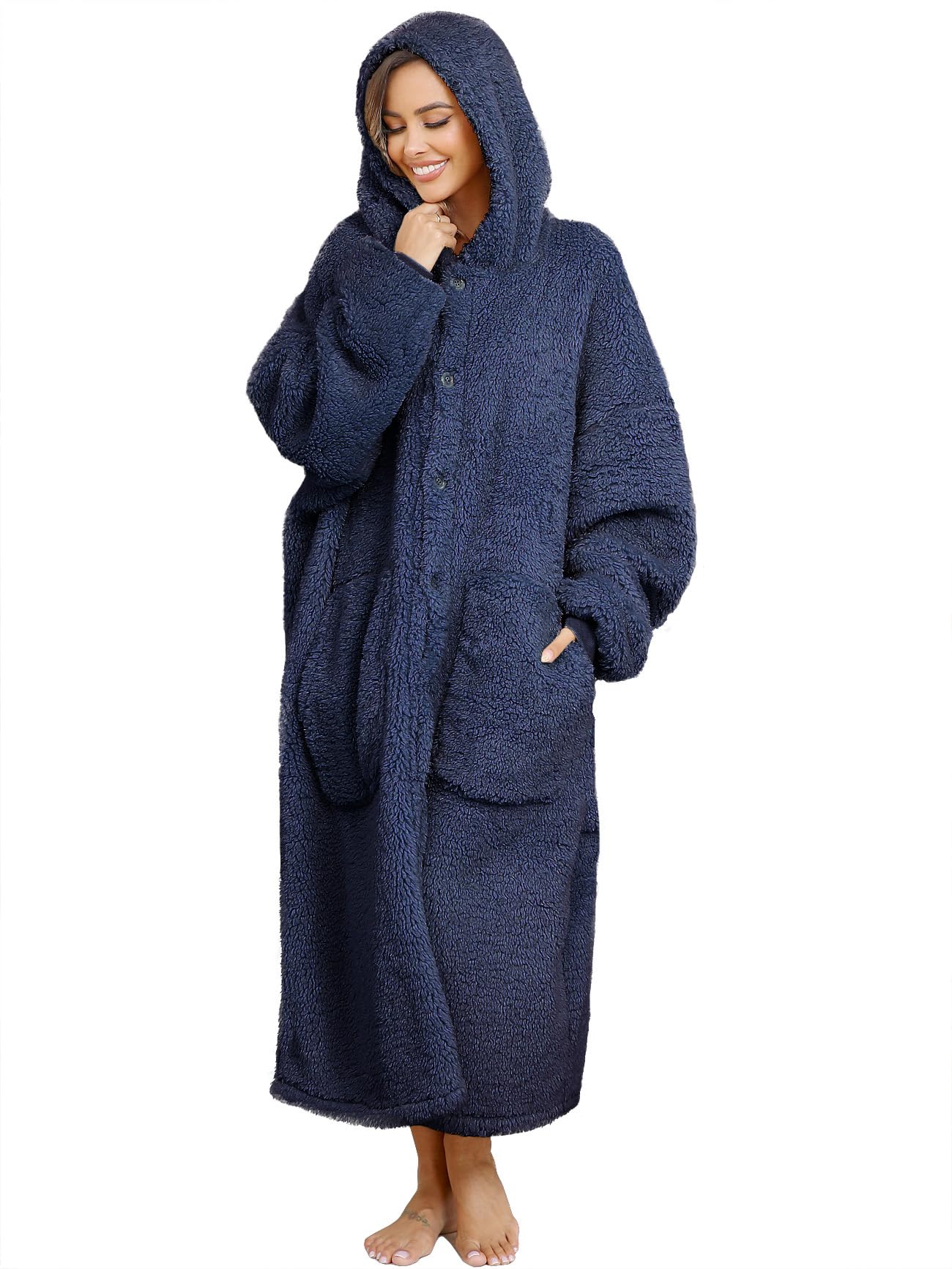 Couverture portable surdimensionnée pour femme, couverture à capuche en polaire épaisse pour adulte, sweat à capuche sherpa confortable comme cadeau pour maman, bleu marine, One Size