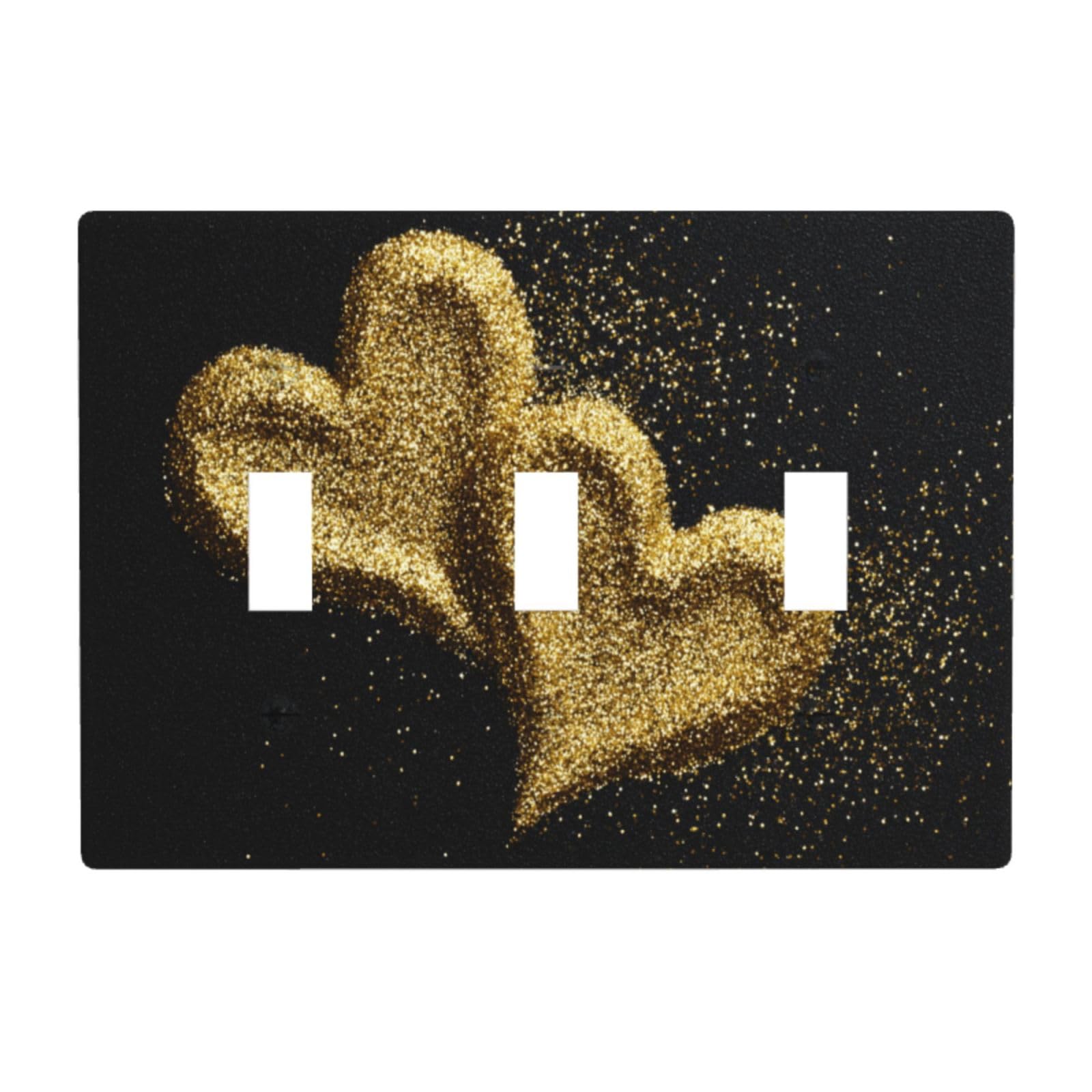 Two Golden Sparkling Glitter Hearts On Black Light Switch Covers 3 Gang Triple Toggle Wall Plate Switchplate Electrical Faceplate for Bathroom Kitchen Bedroom Decor
