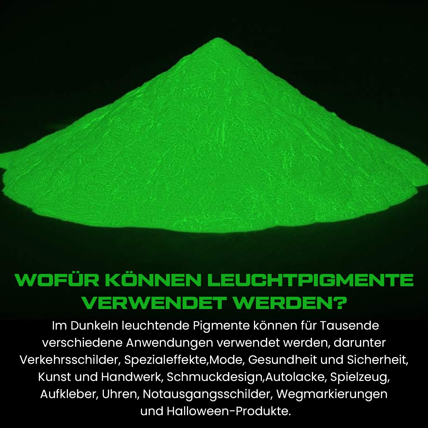 Pigmento in polvere fosforescente al buio, colore verde luminoso, 100 g