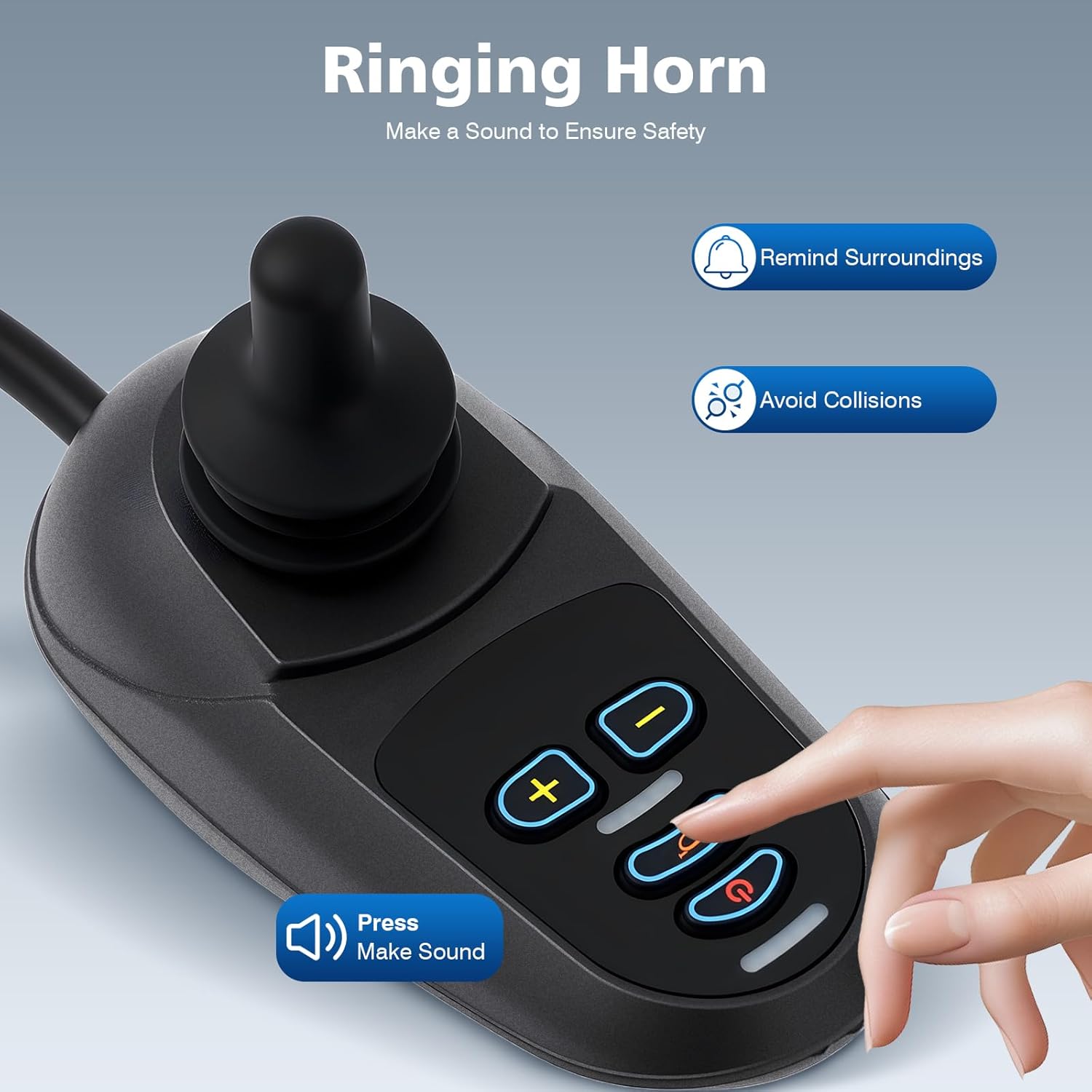 Close-up of the joystick controller with a finger pressing the horn button, labeled 'Press Make Sound'.