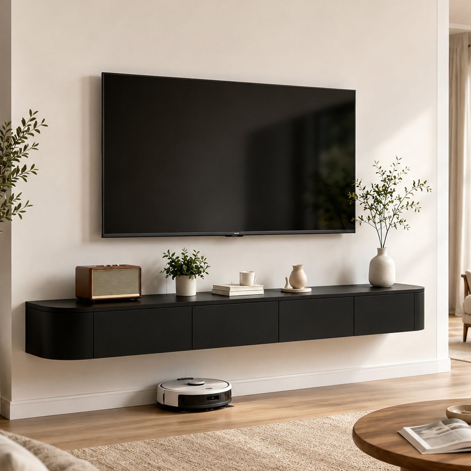 Console Multimédia Suspendue Noire 140cm au Design Épuré et Robuste