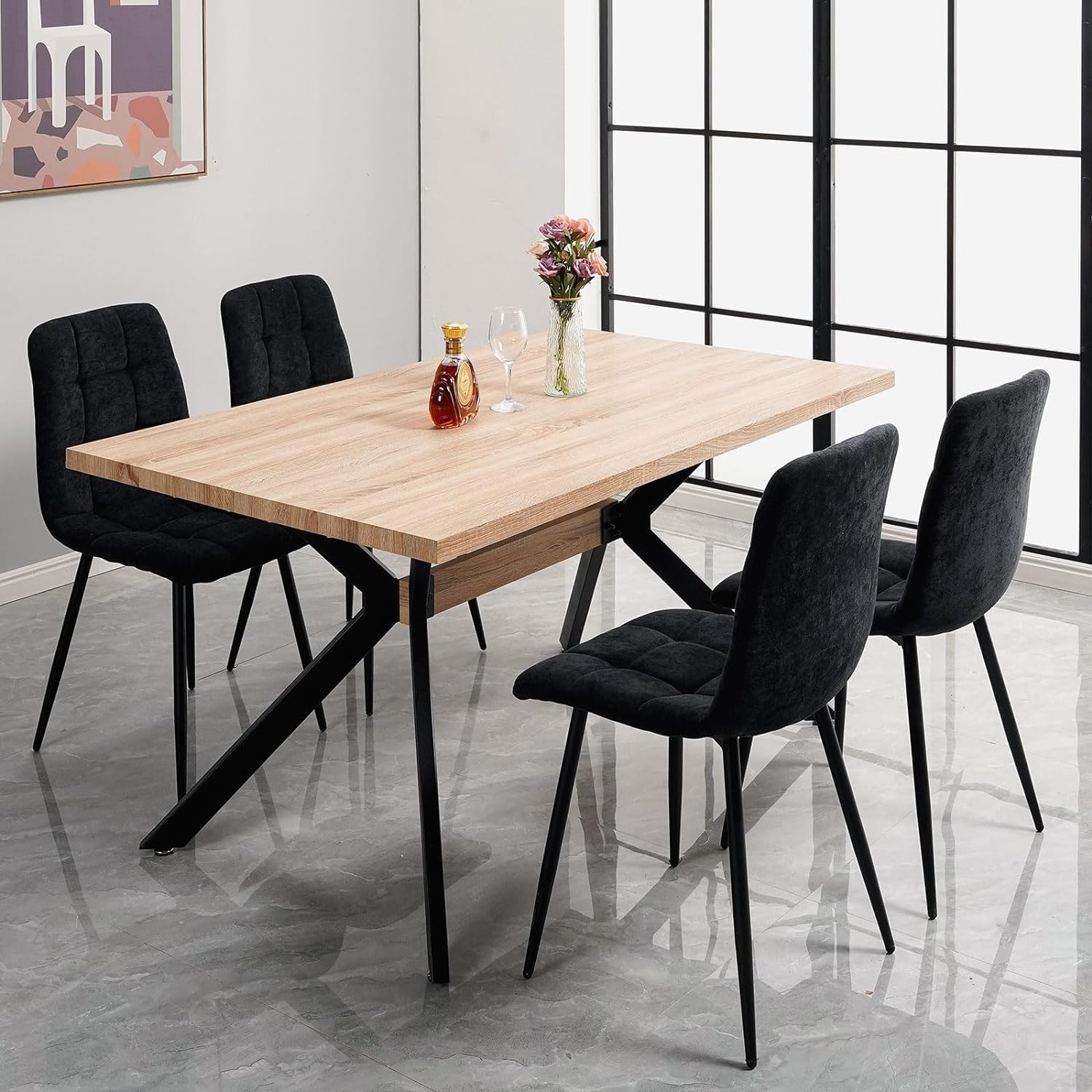 JIJIAN Set 4 Sedie da Pranzo, Sedie da Cucina in Lino, Nero | Gambe in Metallo, Stile Moderno, Portata Fino a 120 kg, Sedie Imbottite per Sala da Pranzo, Soggiorno e Cucina