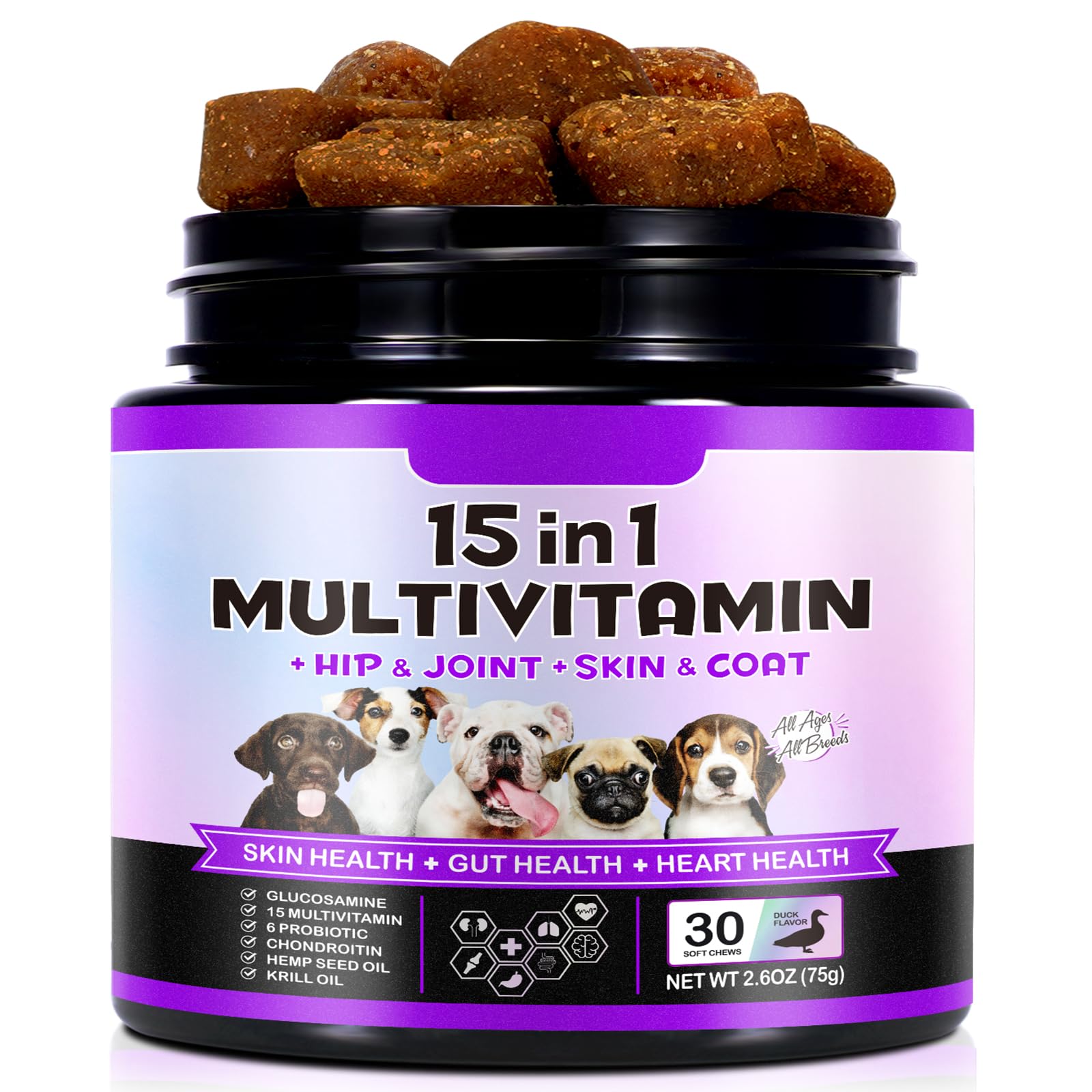Dog Multivitamin Chews15 in 1, 150 Soft Treats for Dogs, Hip & Joint Support, Immune & Gut Health, Skin & Coat Care, Suitable for All Breeds, Puppies (Over 12 Weeks) to Senior Dogs, Duck Flavor