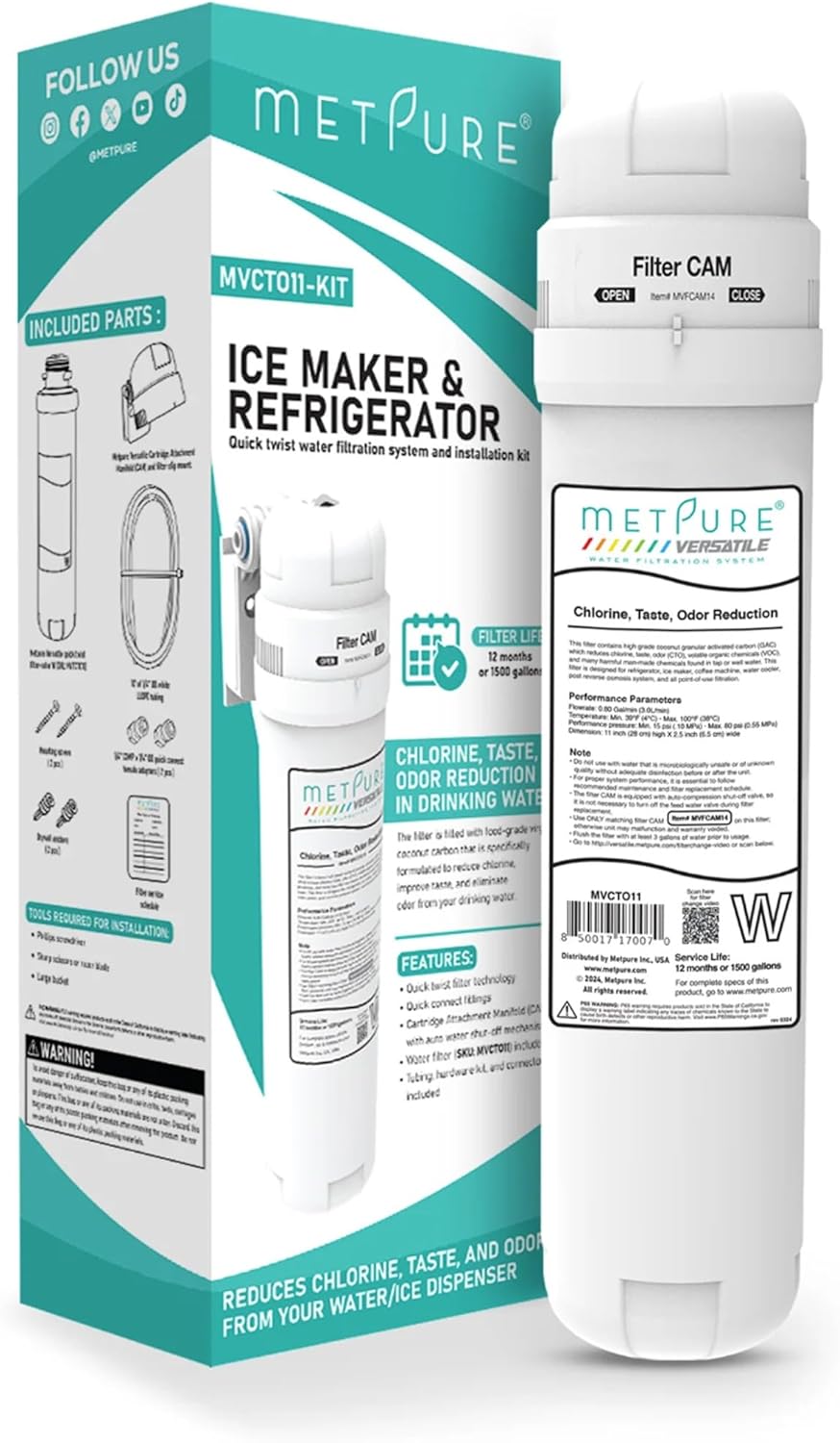 Metpure Versatile Inline MVCTO11-KIT Quick Twist Water Filter 1/4" for Refrigerator, Ice Maker, Coffee Maker, Reduces Bad Taste, Odor, Chlorine in Drinking Water. Complete Kit.