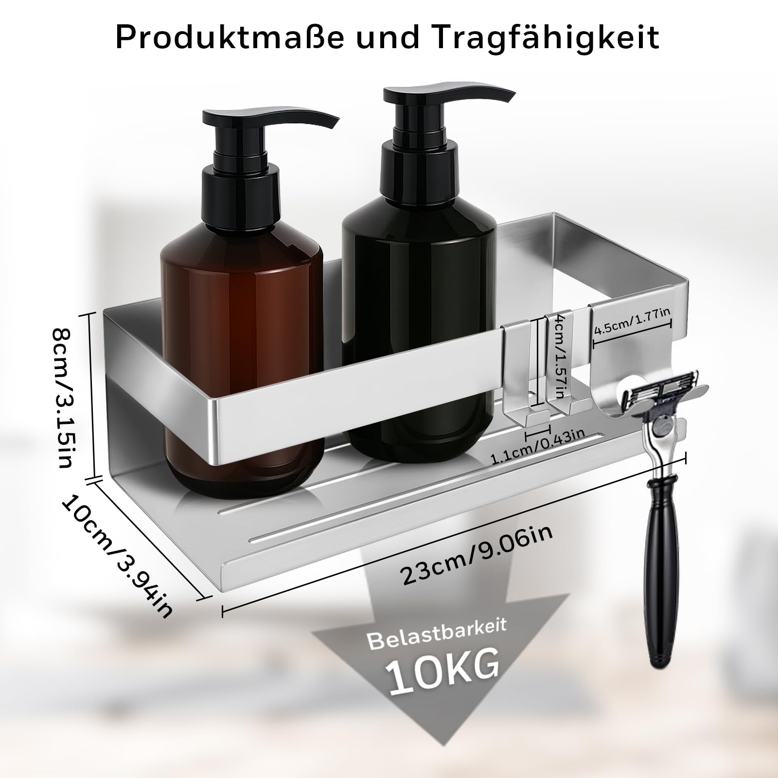 Duschablage ohne Bohren – Badregal 23 x 10 x 8 cm mit 2 Haken und Rasiererhalter, 2 Montagemöglichkeiten, Edelstahlablage für Küche, Bad und Waschbecken, Silber