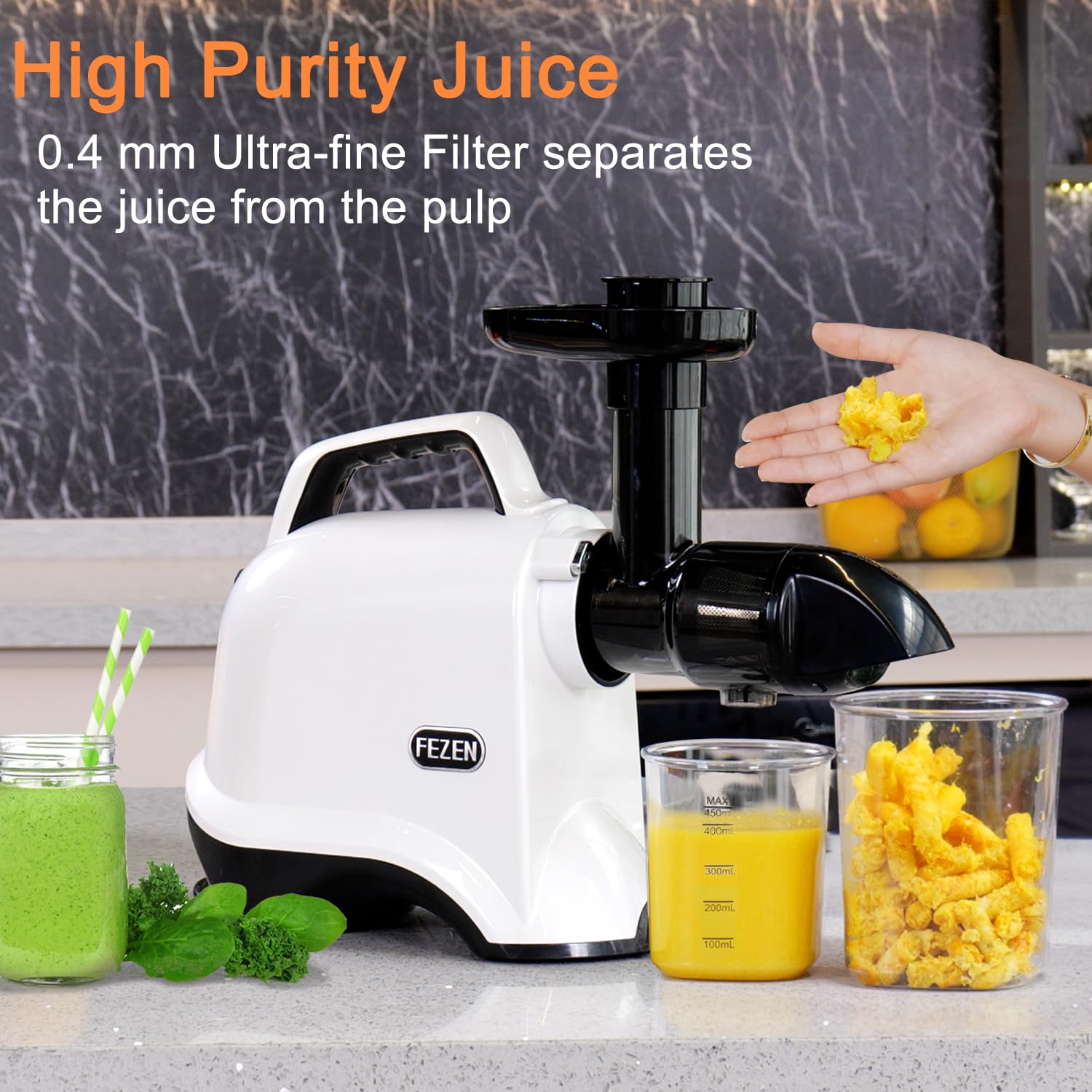 Fezen Cold Press Juicer, Juicer Machines for Vegetable and Fruit, High Juice Yield, Slow