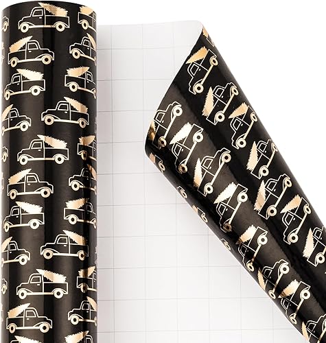 Miniatura 6 de RUSPEPA Papel de regalo de Navidad, rollo de regalo gigante, diseño de camión negro dorado para envoltura de regalo navideño, 24 pulgadas x 100 pies
