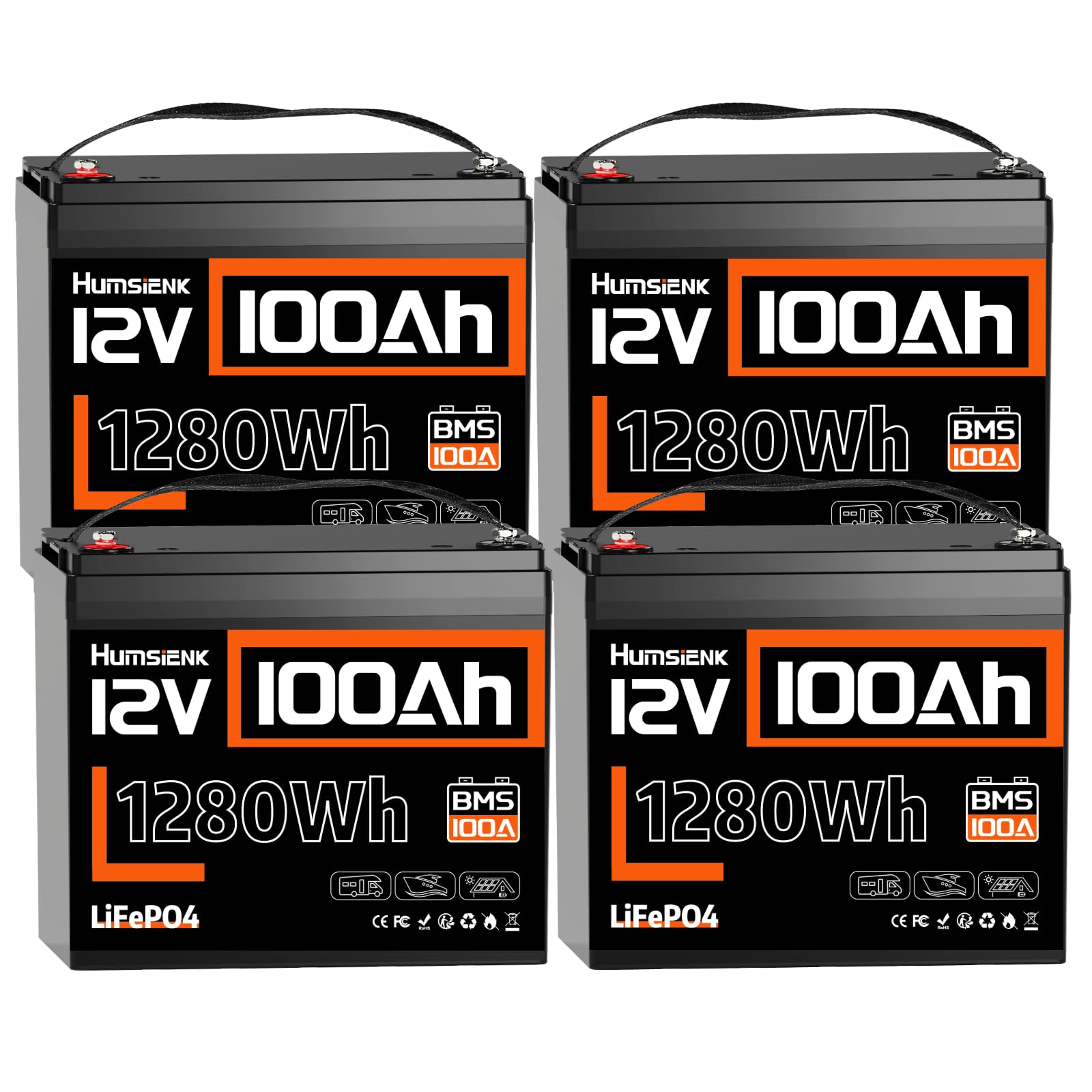 Humsienk Batteria Litio 12V 100Ah ×4, Batteria LiFePO4 48V 100Ah con BMS 100A e Protezione a Bassa Temperatura, 15000 ciclo profondo, 5120Wh di energia per Camper, Yacht, Sistema solare e off-grid