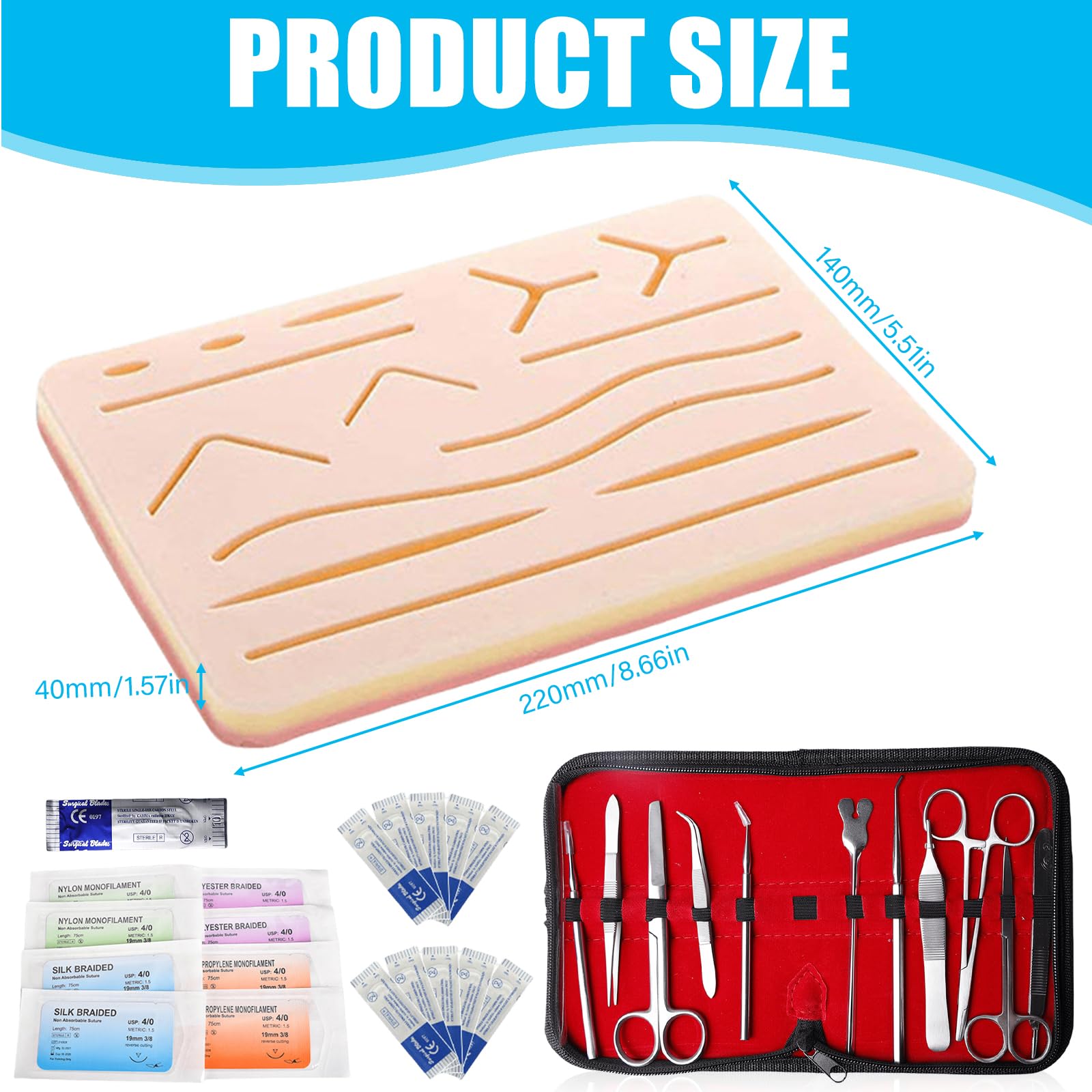 Chirurgisches Nahtset, Nahttrainingsset, Wundnaht Übungsset, Silikon-Nähkissen mit Werkzeugsatz, Nahtschulung,Suture pad,Suture Practice Kit,Silikon-Nahtsimulator,Ideales Geschenk für Medizinstudenten