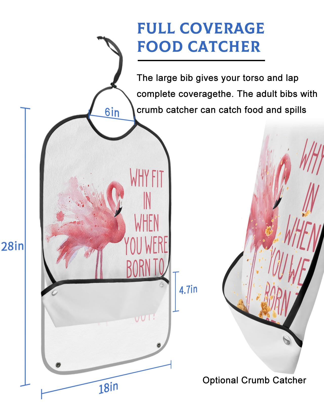 Flamingo Adult Bib for Eating with Crumb Catcher,Washable & Waterproof Terry Cloth Adjustable Elderly Women Men Adult Bibs Funny Apron Reusable Clothing Protector Pink Saint Valentine's Day Watercolor