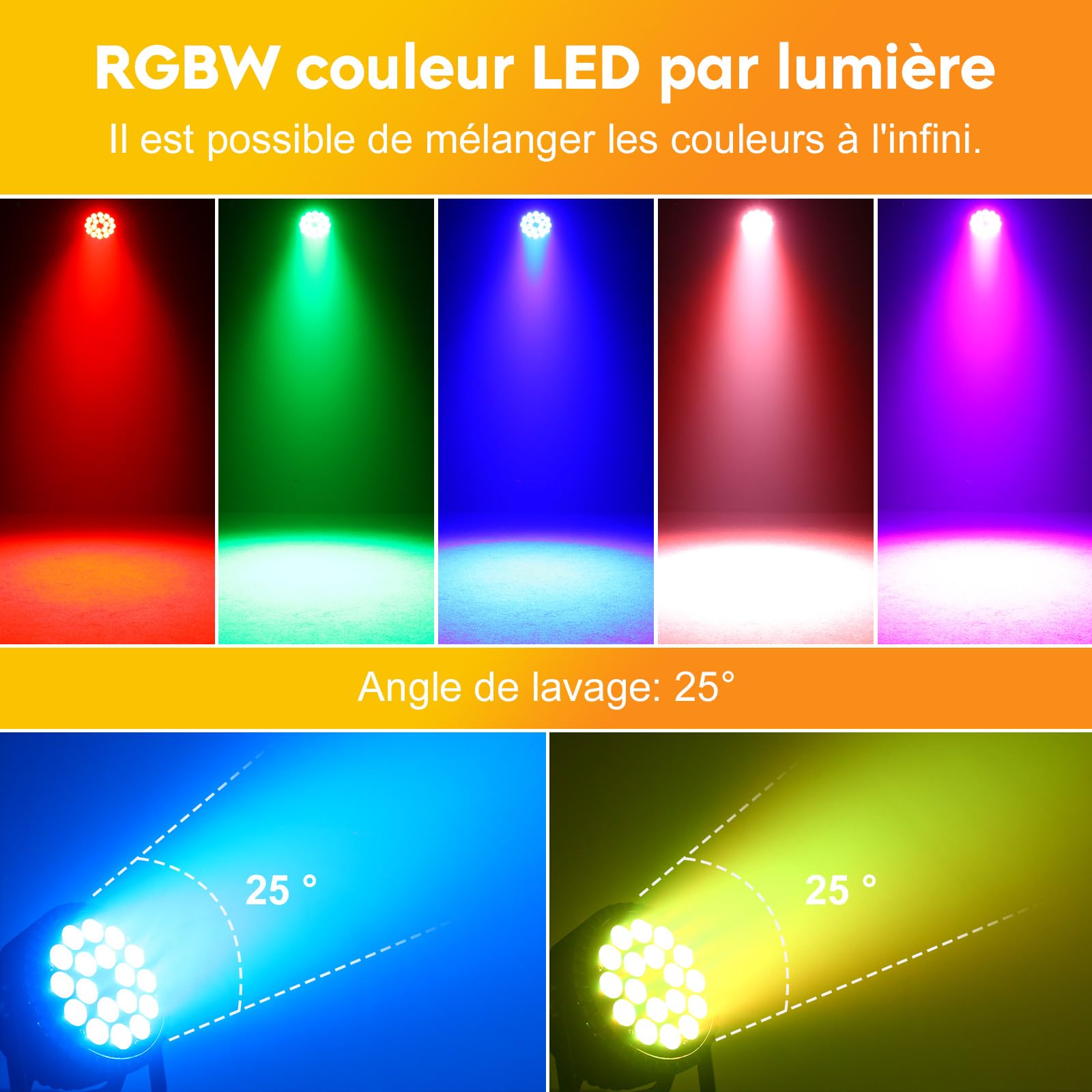 2PCS 18 LED 200W 4 en 1 RGBW de Scène Lumière, DMX512 LED Par,Son/Maître Esclave DJ Disco Lumière pour Fête, Concert, Halloween, Noël, Mariage, Club