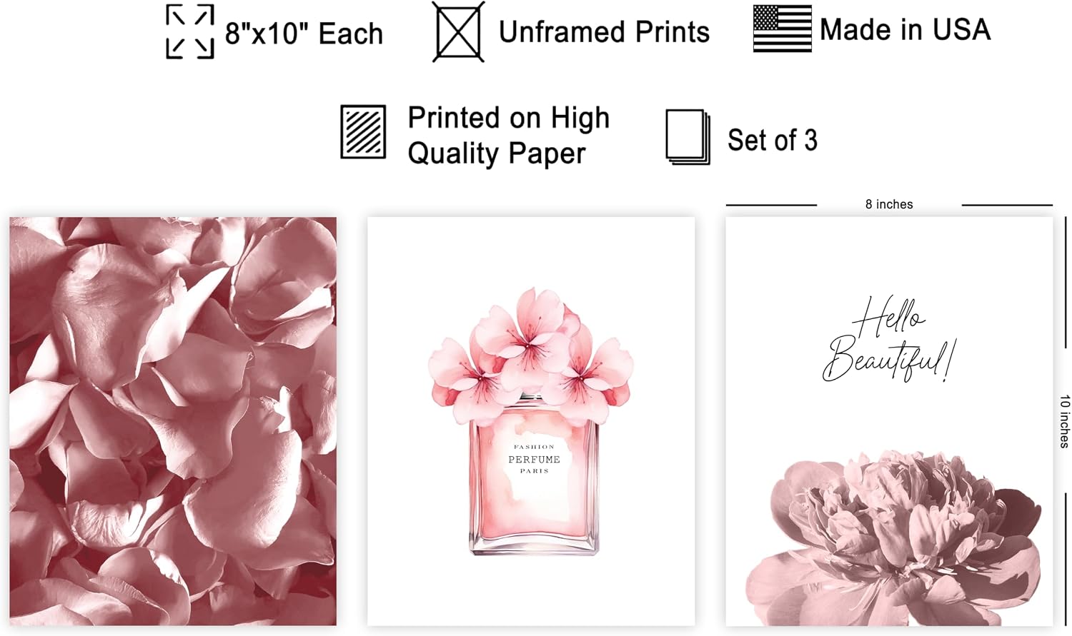 Poster Master 3-Piece Fashion Poster - Hello Beautiful Print - Perfume Art - Pink Flower Art - Gift for Men, Women & Fashionista - Glam Decor for Dorm, Living Room or Bedroom - 8x10 UNFRAMED Wall Art