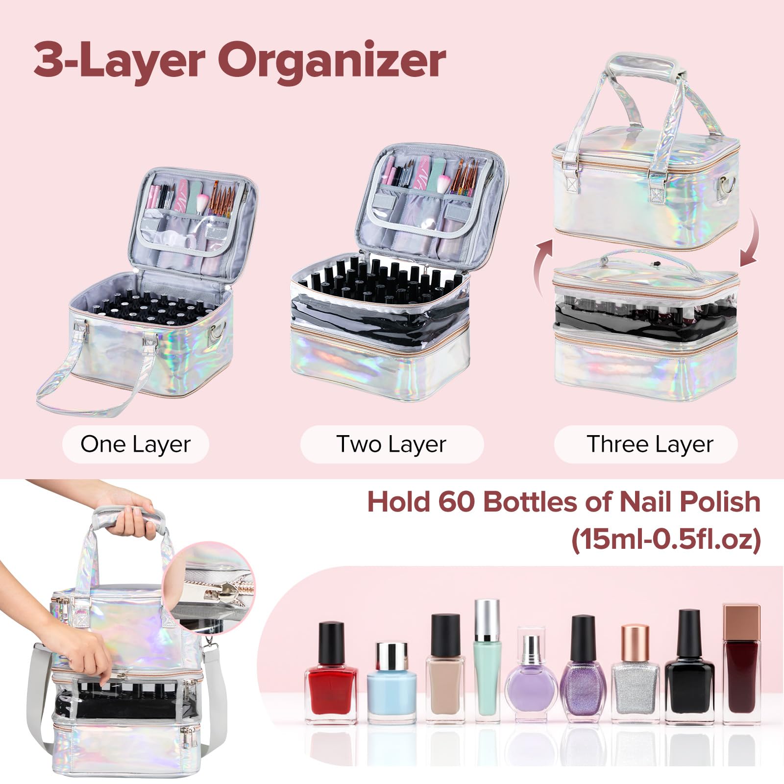 Custodia organizer per smalti, a 3 strati, rimovibile, può contenere 60 flaconi e lampada per unghie, con tracolla, portatile, olografica, in pelle PU, kit per strumenti per manicure (argento)