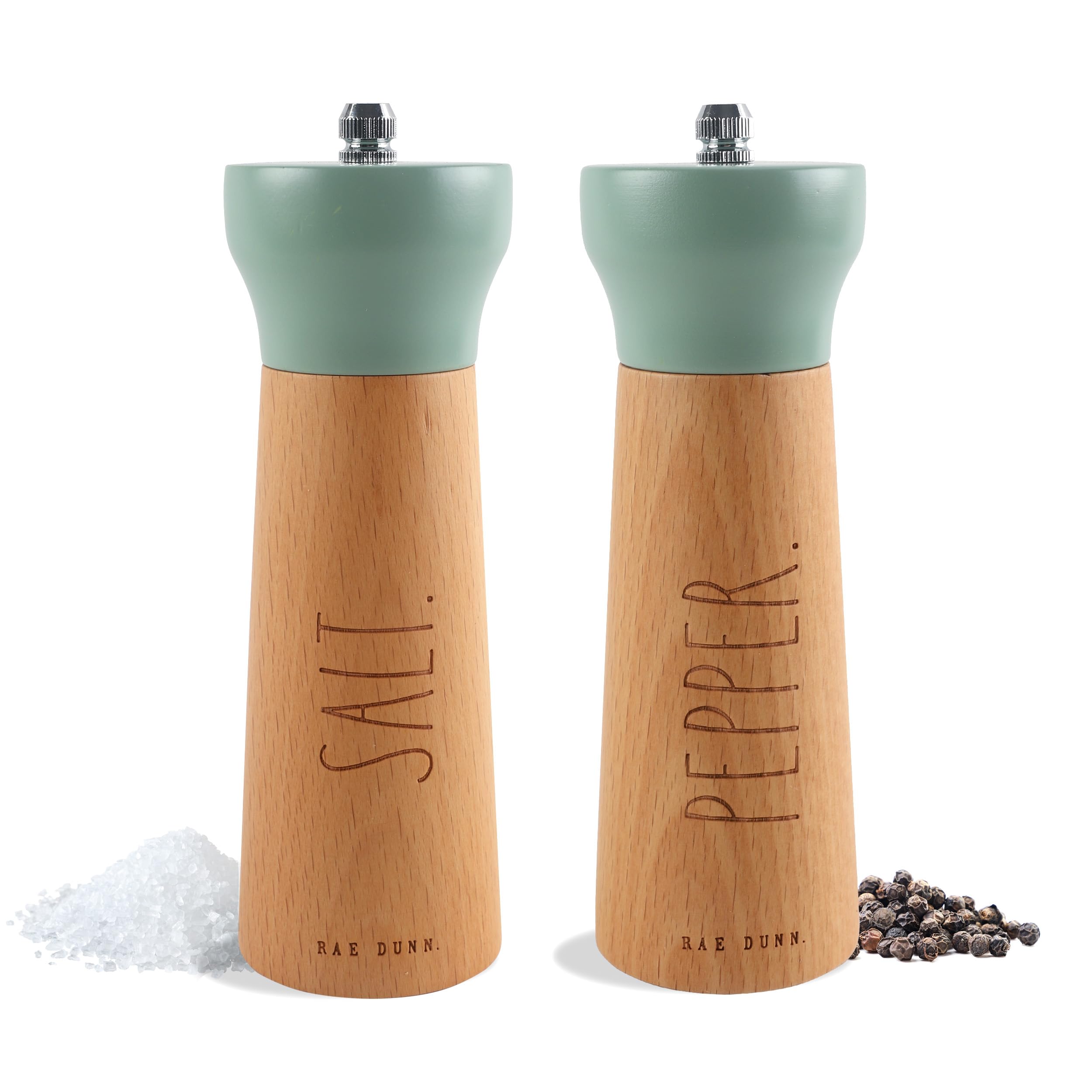 Rae Dunn Salt and Pepper Grinder Set of 2 - Bamboo Sea Salt Pepper Grinder - Classy Salt and Pepper Shakers - Pepper Mill & Salt Mill, Sage