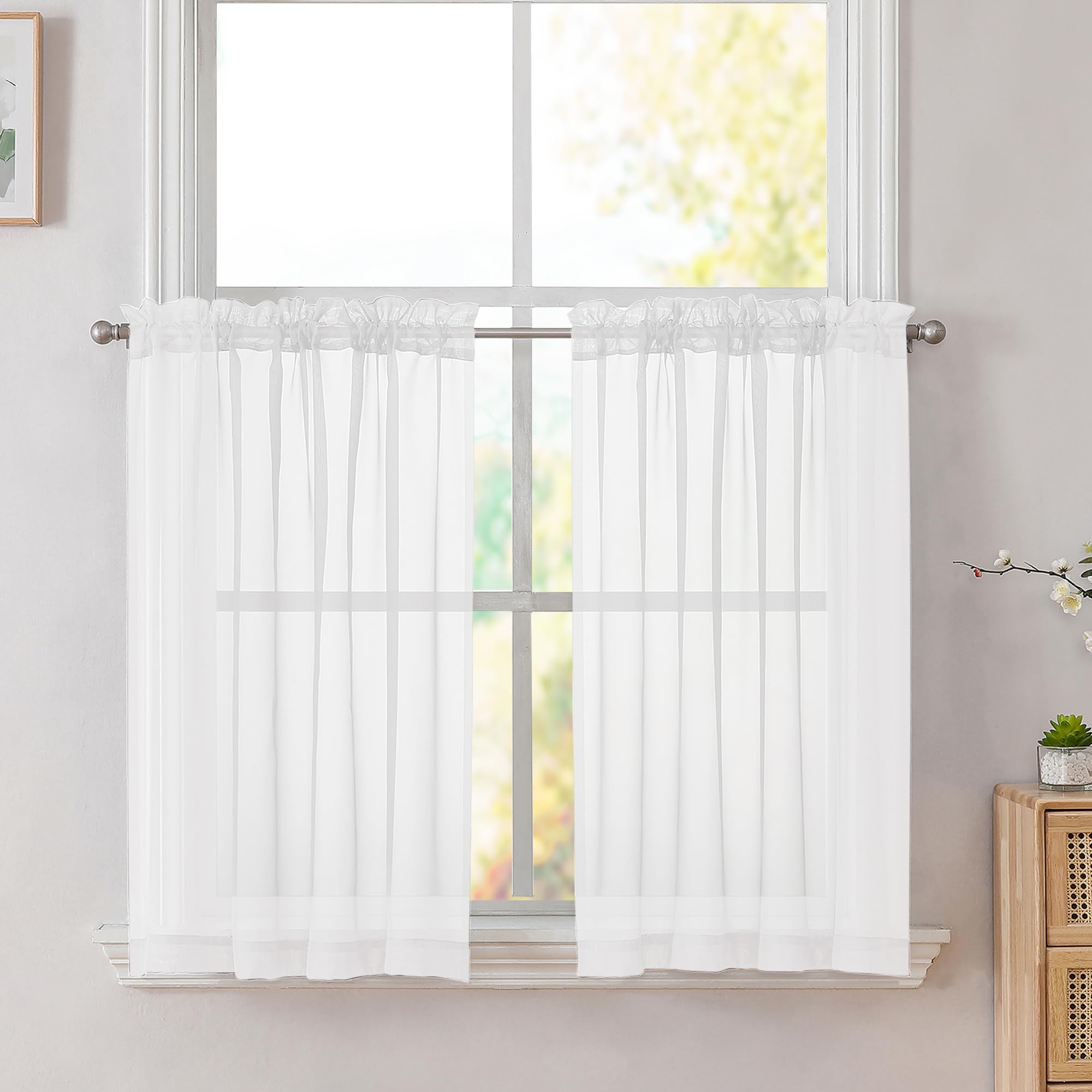 Simplebrand White Short Sheer Cafe Tier Curtains 36 Inch Length 2 Panels