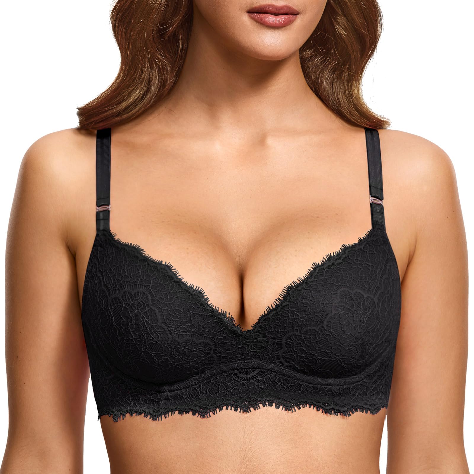 DOBREVA Donna Reggiseno Senza Ferretto Imbottito in Pizzo Push Up Coppa Preformata Scollo a V Sexy
