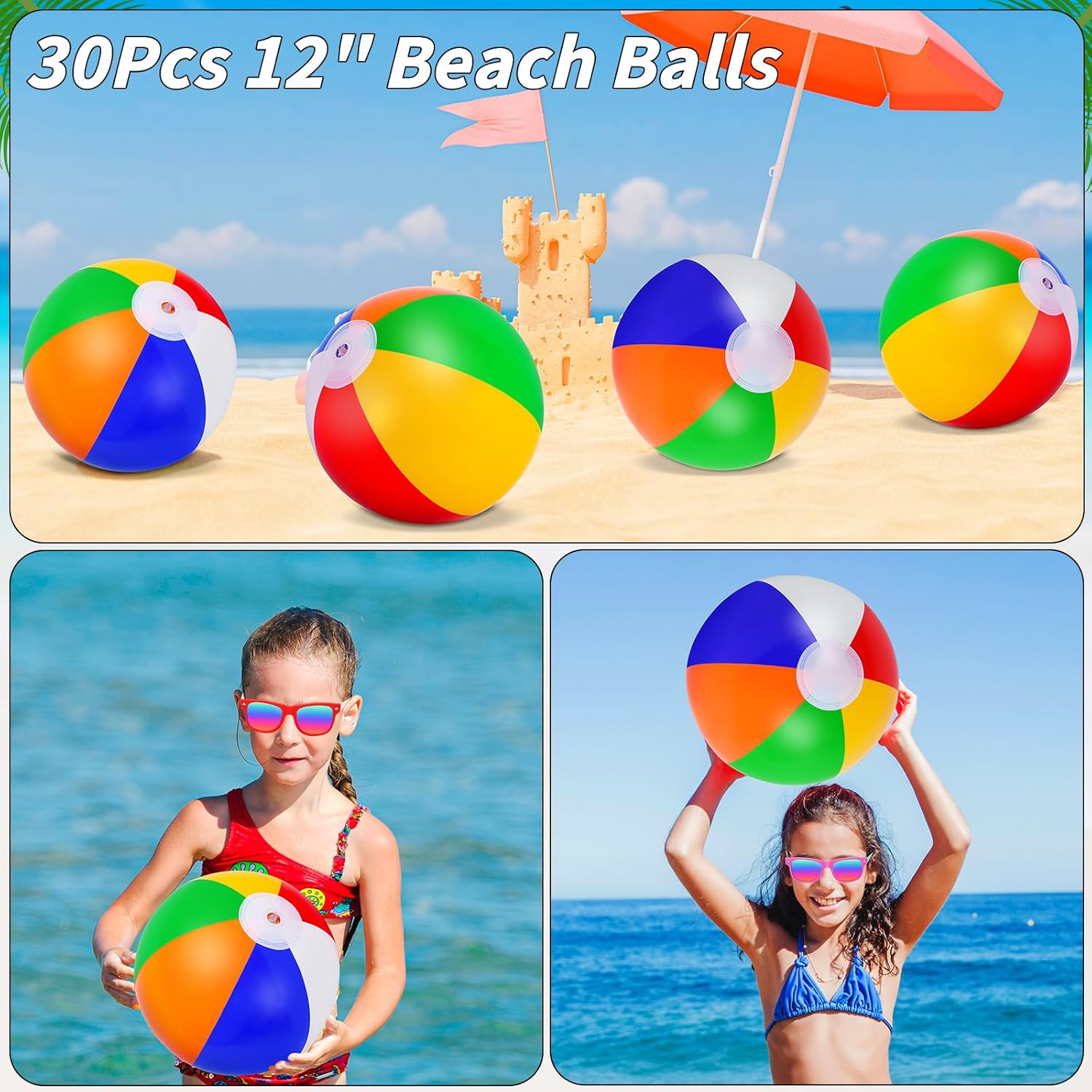 60 Pcs Kids Summer Beach Party Favors Sets- Includes 30 Inflatable Beach Balls Bulk, 30 Neon Sunglasses Bulk, Rainbow Colored Beach Ball Summer Pool Party Toys for Water Games Hawaiian Party