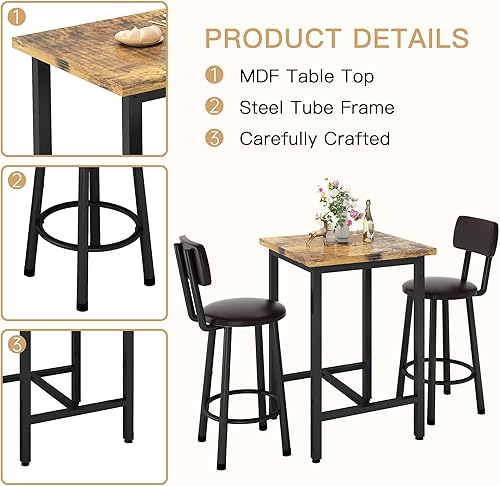 Miniatura 6 de Recaceik Juego de Comedor de Pub de 3 Piezas, Mesa de Bar Moderna y Taburetes para 2 Altura de Mostrador de Cocina Tapa de Madera Bistró Fácil de