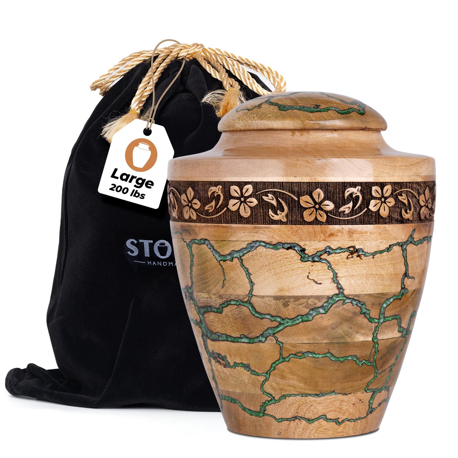 Handcrafted Wooden Cremation Urn for Ashes with Green Resin Thunderstorm Design & Artistic Bail – Memorial, Burial Urns for Female, Male and Child –