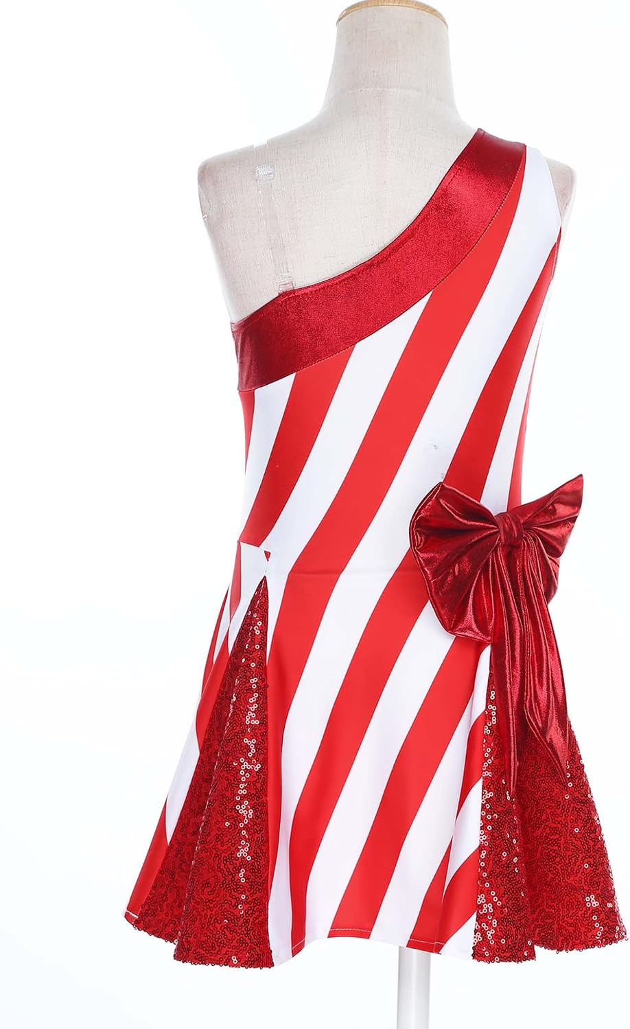 Kids Christmas Candy Cane Performance Dress One Strap A Line Ice Skating Dancewear