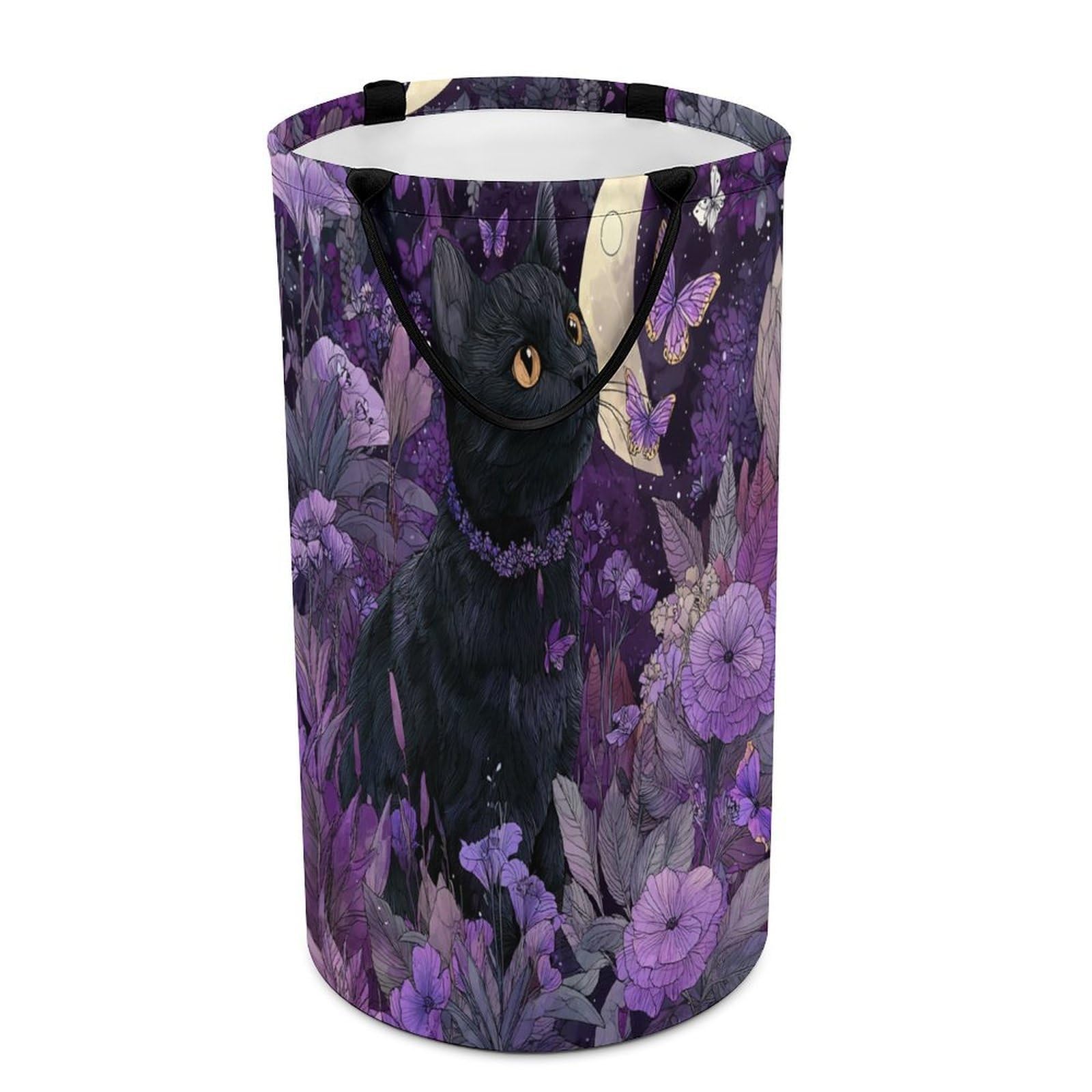 LUYYSKY Vintage Gothic Black Cats Collapsible Dirty Clothes Basket, Colorful Watercolor Moon Animal Cats Butterflies Purple Floral Portable Clothes Storage Basket